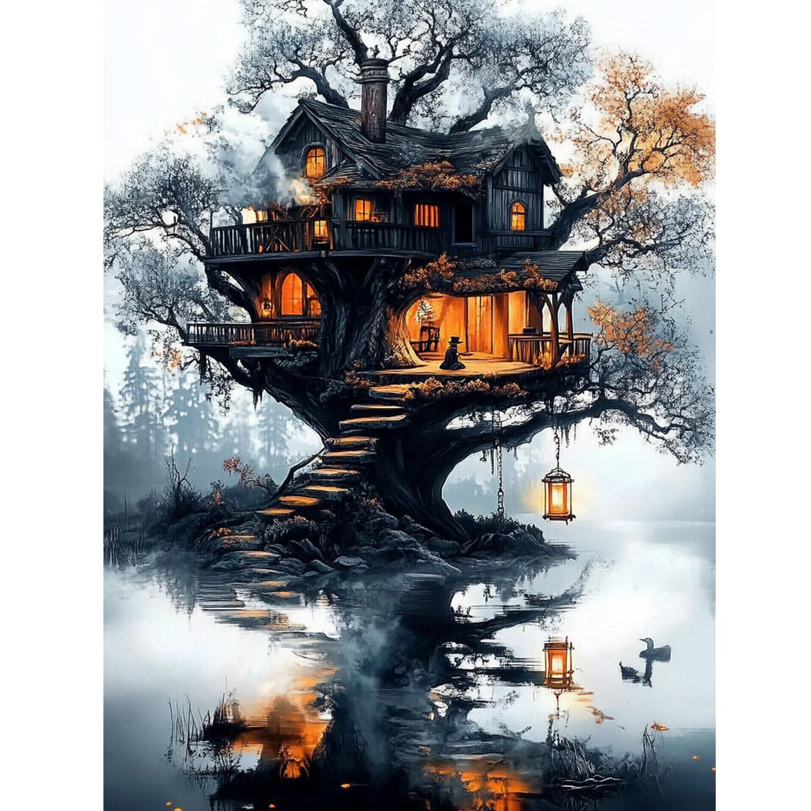 KEYIFA 5D Diamond Art Wooden House, DIY Diamond Painting Kits for Adults, Round Full Drill, Halloween Diamonds Dots Mosaic Painting, Crystal Gem Arts