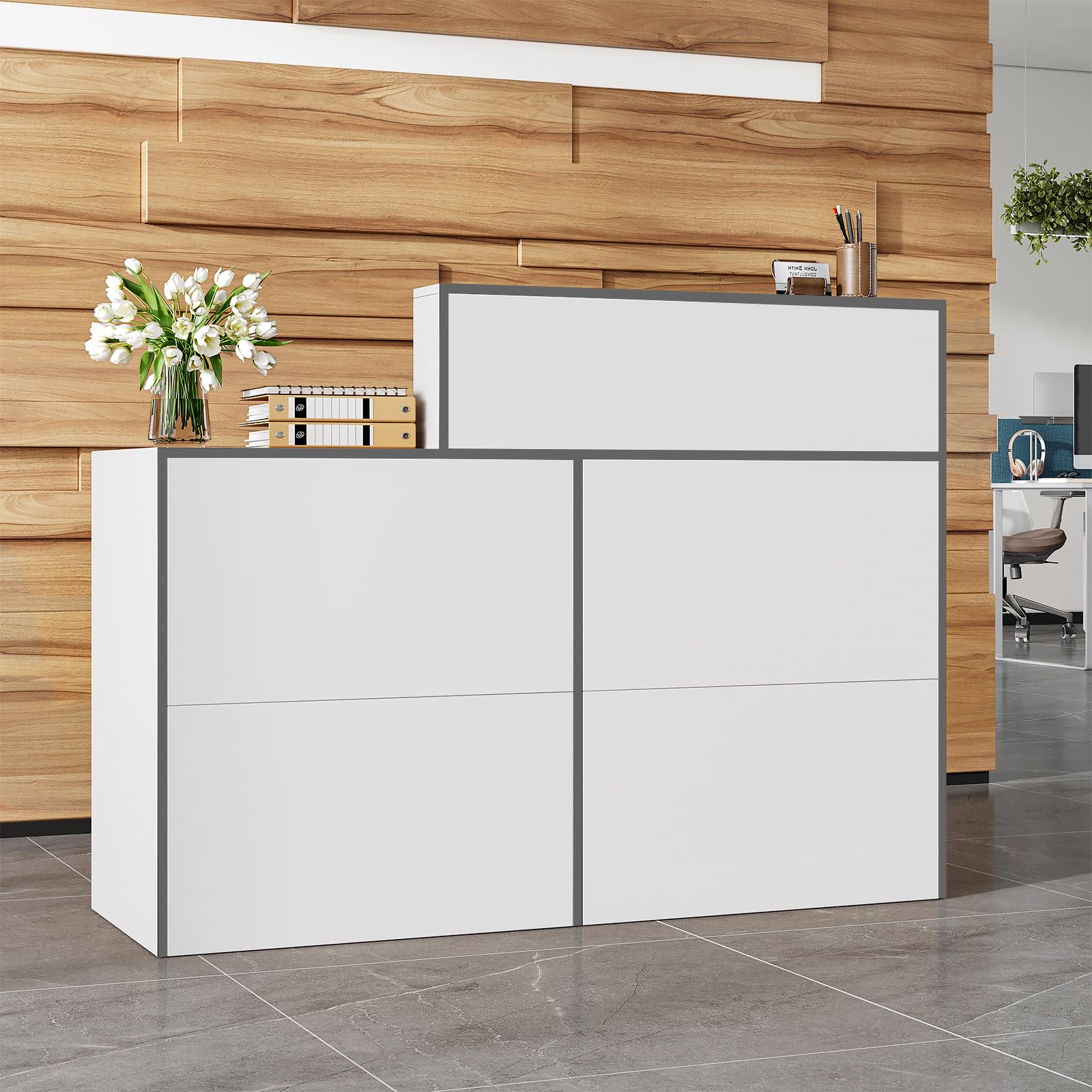 Mostrador de recepción blanco 133 x 45 x 100 cm, mostrador de recepción, mesa de recepción con gran superficie de trabajo, mostrador de oficina, mostrador de efectivo, mesa de recepción, simplicidad