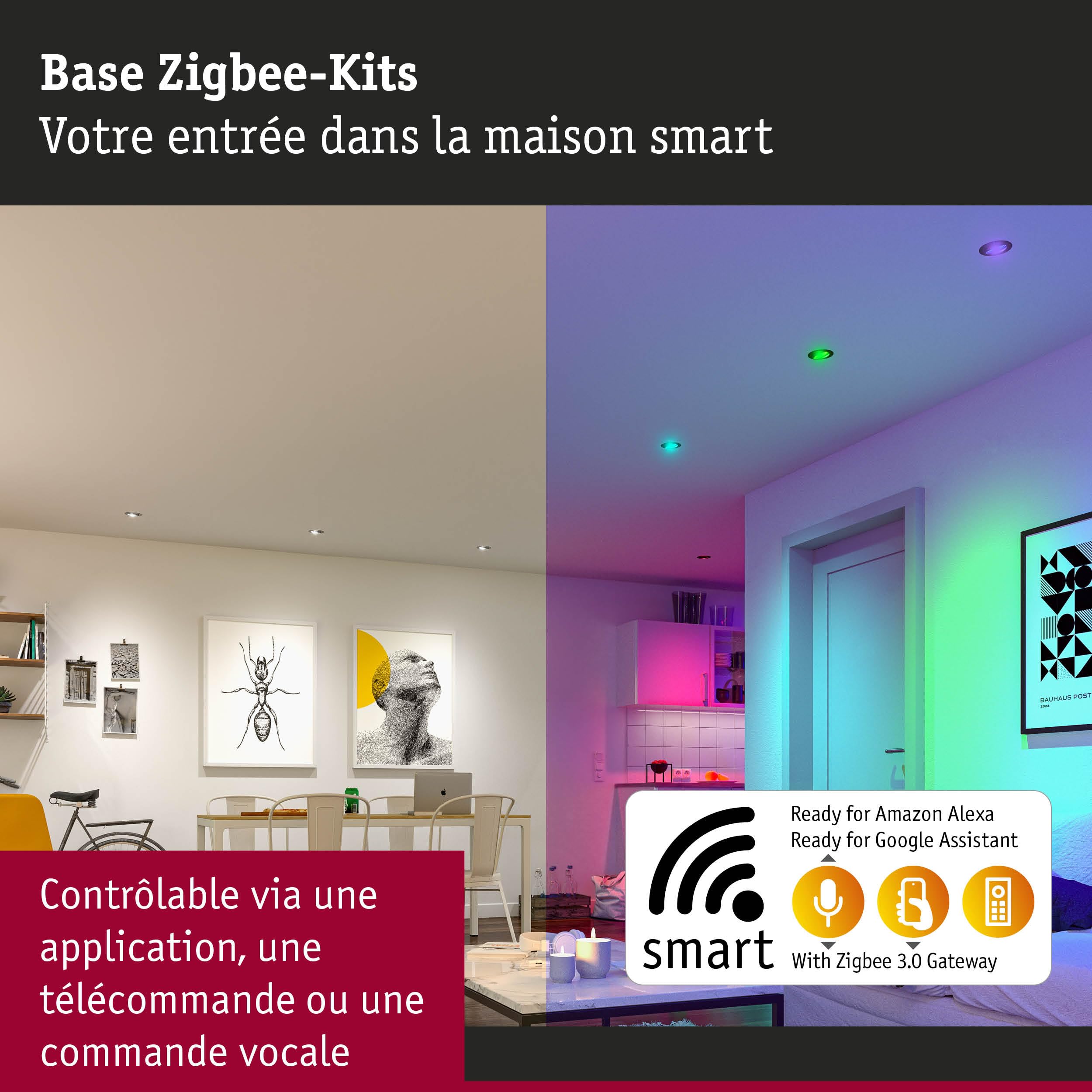 Paulmann 92467 Spot encastré LED Base Smart Home Zigbee kit de base orientable rond 230V 3x4,9W 3x420lm gradable 90 mm Acier brossé Métal RGBW+