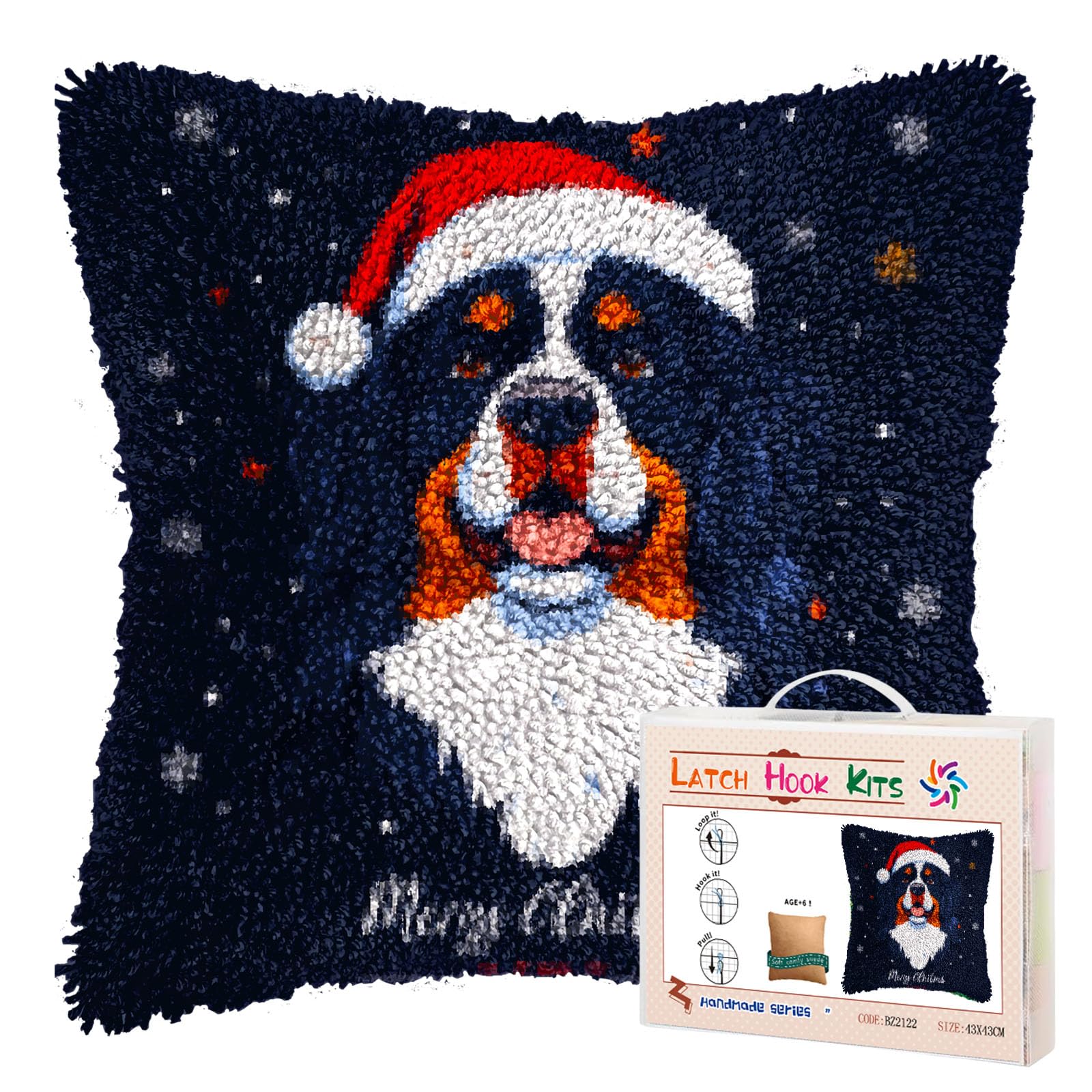 Latch Hook Pillow Kits for Adults Merry Christmas Bernese Mountain Dog DIY Pillow Cover Printed Pillowcase Crochet Yarns Hooking Handmade Cushion for Home Sofa Decoration 17x17inch(7)