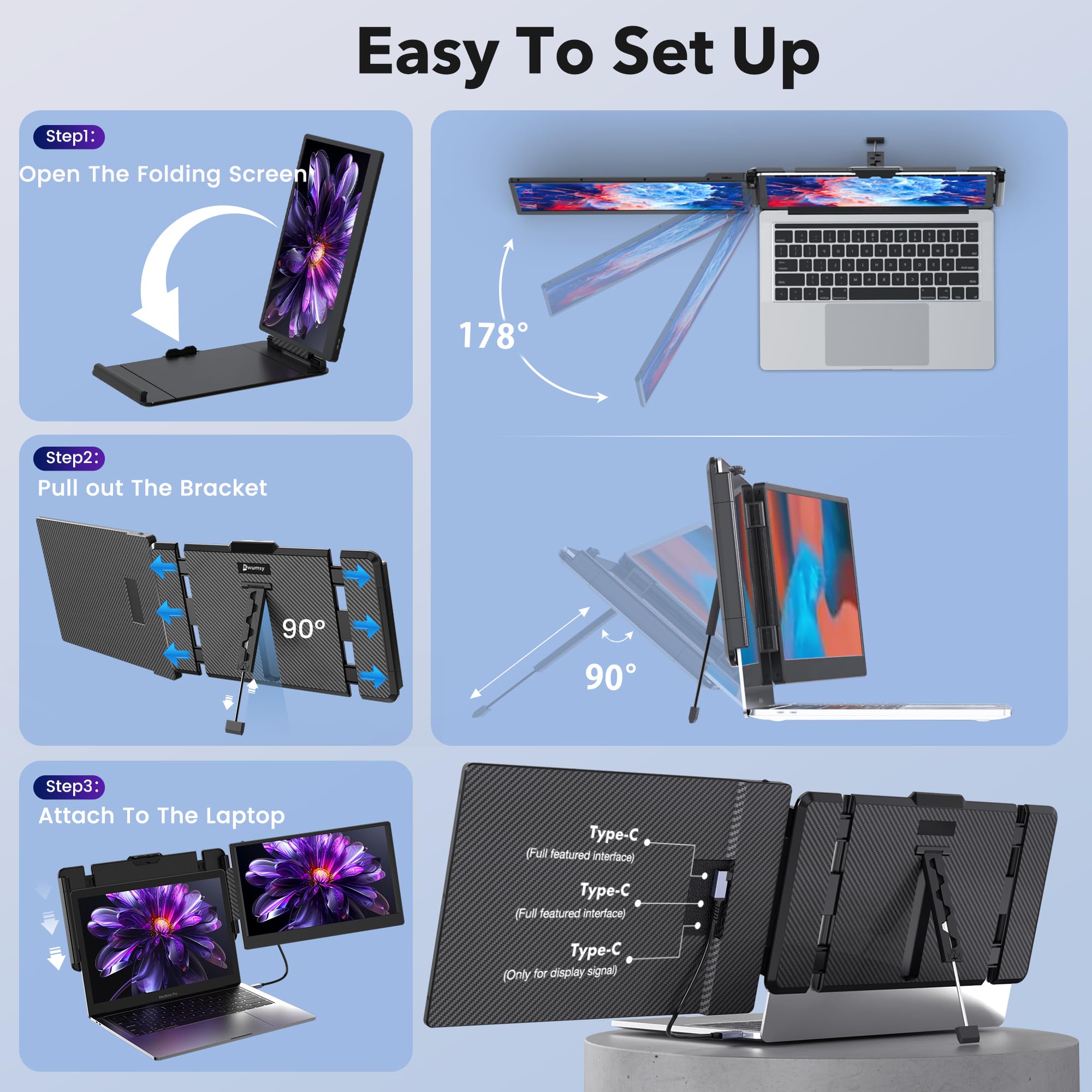 Kwumsy Monitor Portatile per Laptop-14 Pollici Doppio Monitor Per Portatile, FHD 1080P IPS Schermo Portatile Compatibile per Wins/Chrome/Mac,Doppio Estensione Schermo Per Laptop Per 13''-17''Laptop