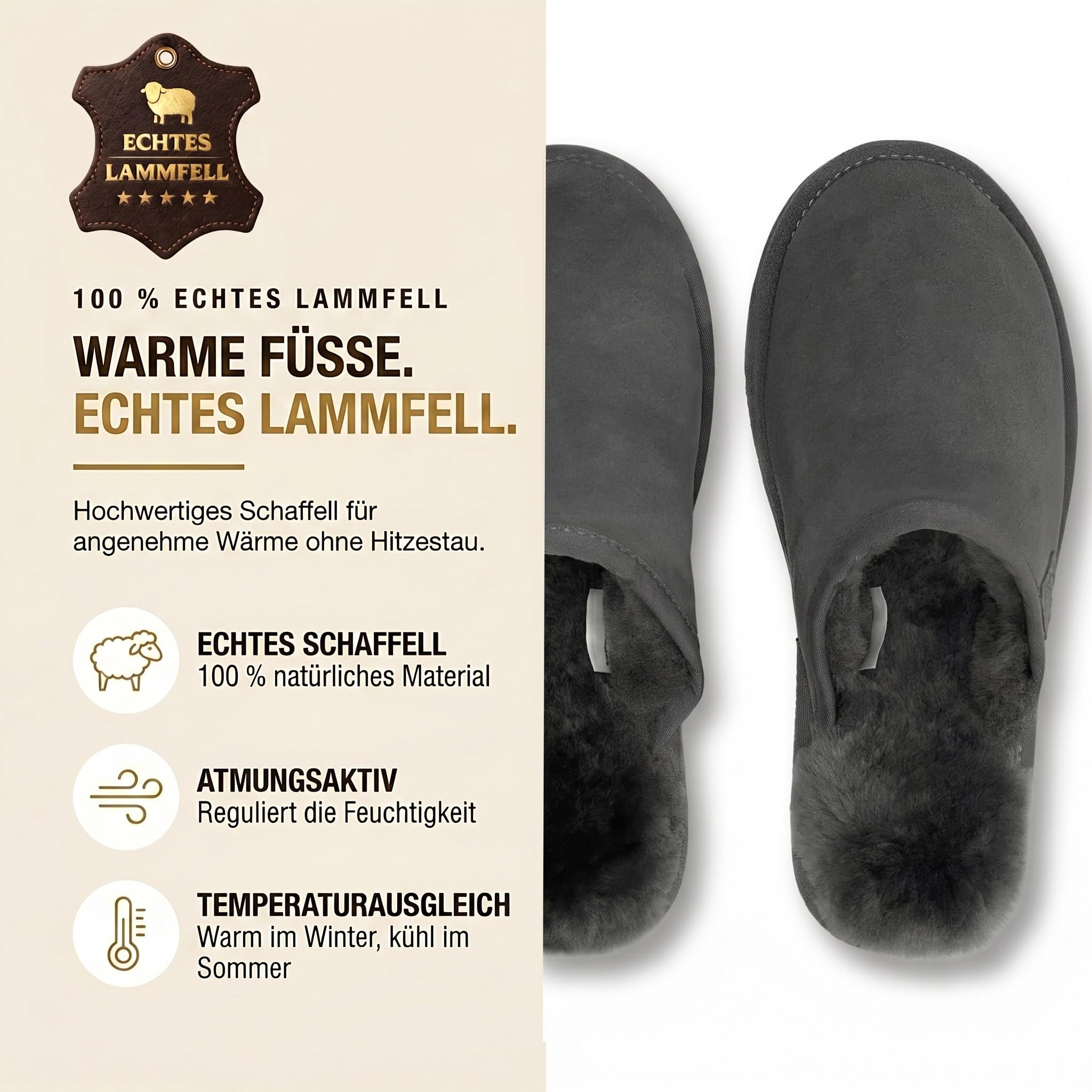 Rohn Moden Lammfell Hausschuhe Herren – Loisl – Warme Hausschuhe Herren mit Schaffell & rutschfester EVA-Sohle – Winter Pantoffeln für zuhause – Slipper gefüttert - Braun Grau