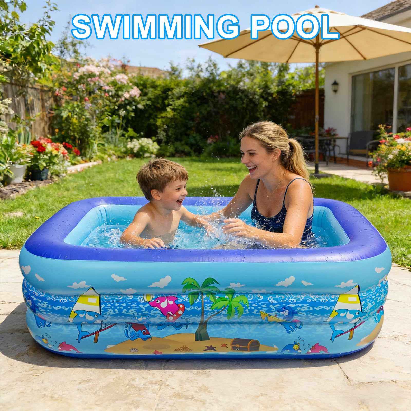 Aufblasbarer Pool 150 x 105 cm, Erweiterter Erholungsbereich für Erwachsene und Haustiere, Sommer-Wasserspiel mit Rutschfester Boden