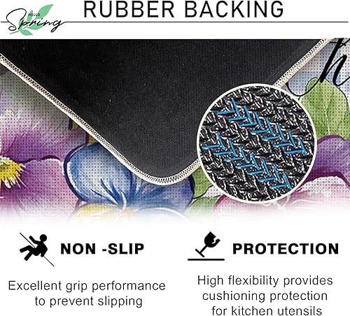 Miniatura 4 de Tailus Juego de 2 alfombras de cocina con flores florales de primavera y verano, Just Bloom y reúne hojas de pensamiento moradas a cuadros, tapetes