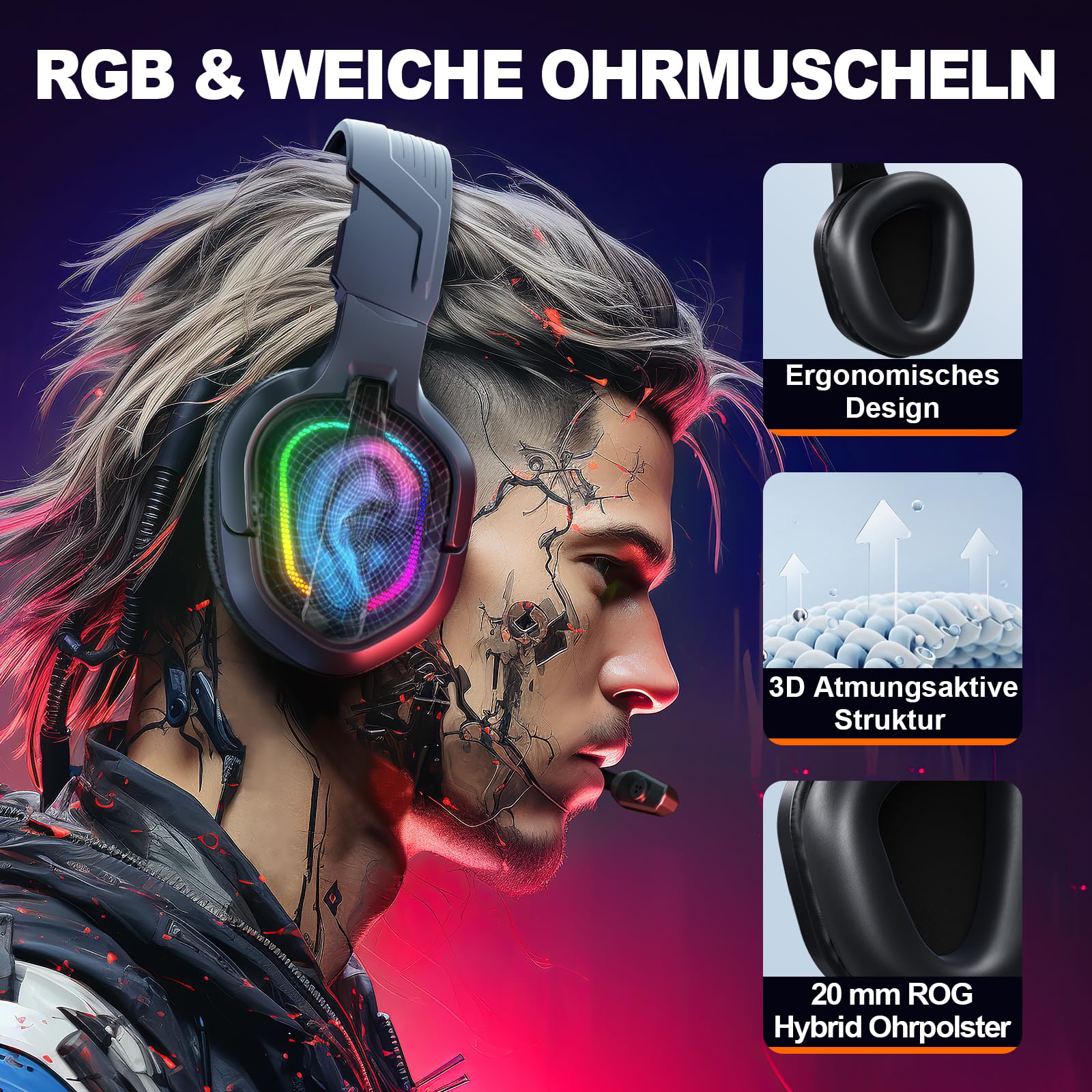 Krysenix PG2 RGB Gaming Headset für PS4, PS5, PC, Xbox,Switch,Ps5 Gaming Headset mit Mikrofon, Over-Ear Kopfhörer,Ps4 Kopfhörer mit 3,5mm Klinke,Reines Schwarz