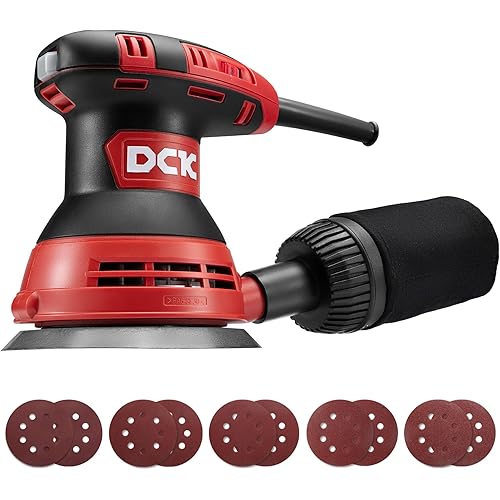 DCK Random Orbital Sander, 3.0 AMP Corded Palm Sander, 6 Speeds Max 12,000 OPM, 5-Inch with 10 pcs Sandpapers, Dust Bag, Low Vibration for Woodworking, Decoration Furniture (KSA125)