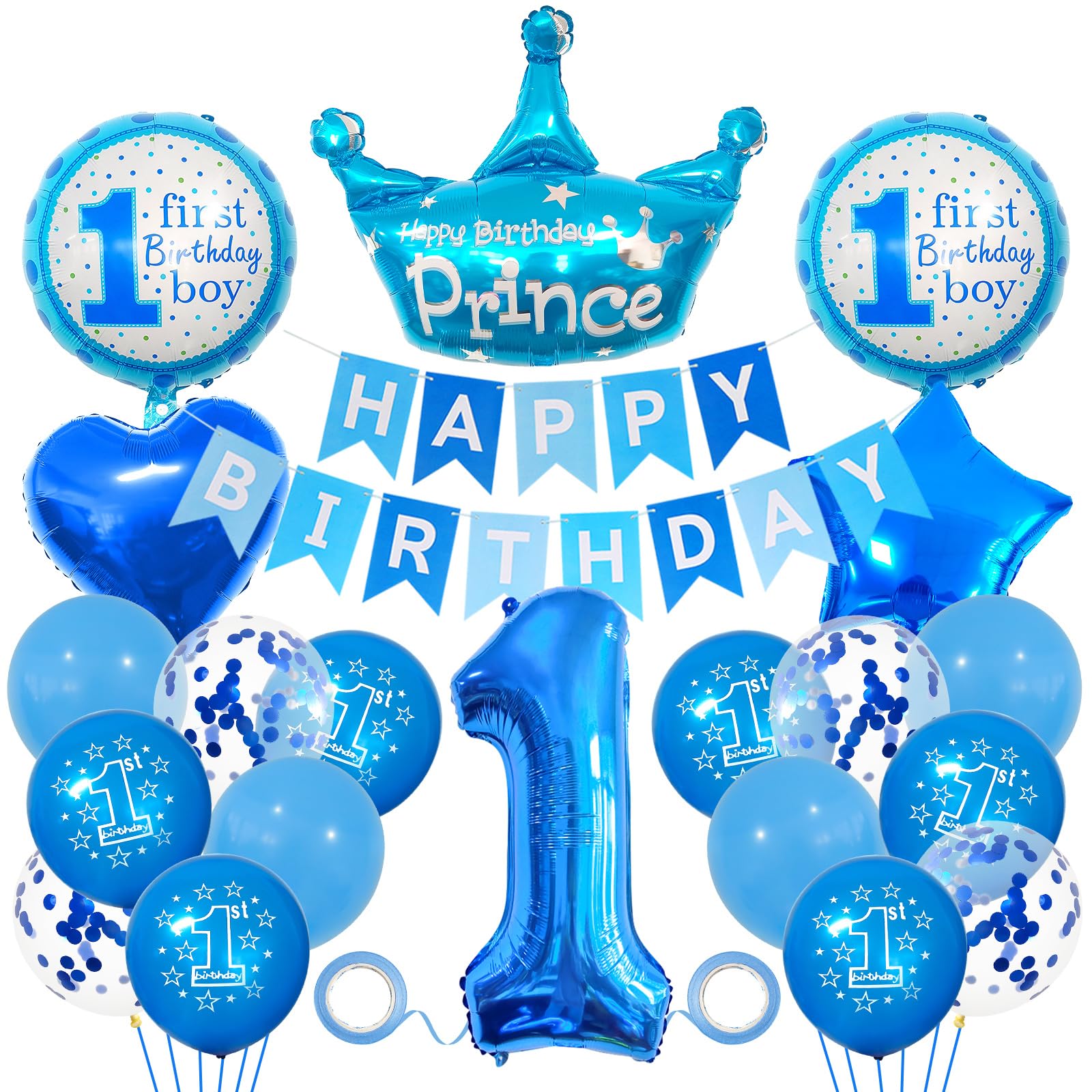 Blue 1st Birthday Party Decorations for Boys, Crown Foil Balloon