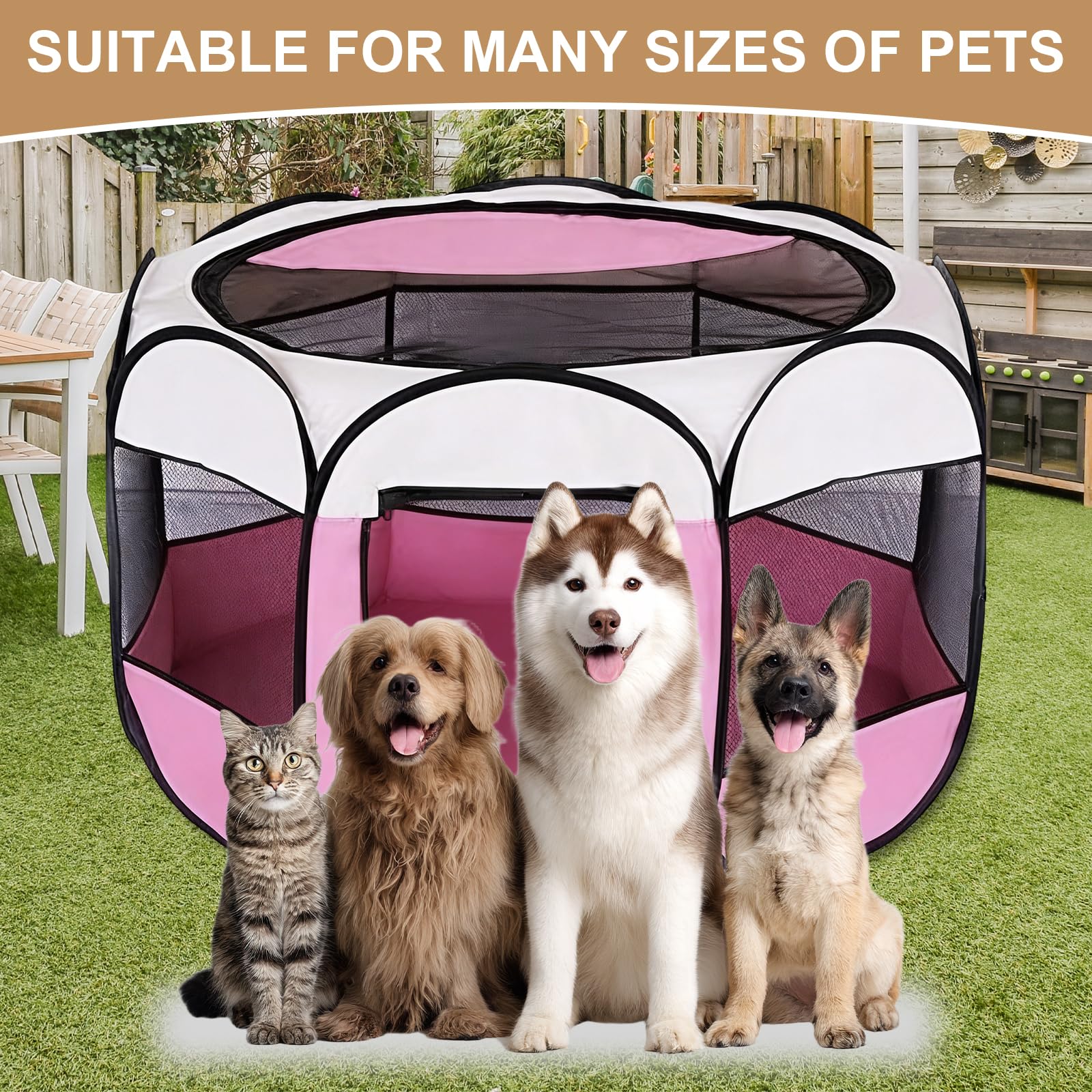 Parc pour Chien, Portable Parc pour Chiens et Chats, Tente Respirante pour l'intérieur et l'extérieur, pour Chats, Chiens, Lapins, Idéal pour Voyage et Camping, 74 x 74 x 43 cm (Rose)