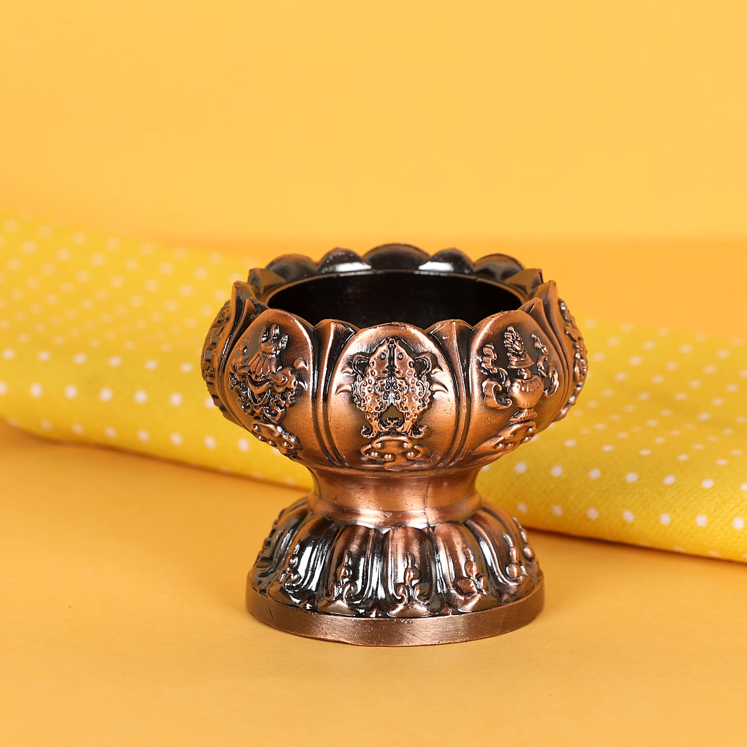 NIM Metal 8 Lucky Sign Style Candle Holder/Table Decor/Cone or dhoop Burner in Copper Antique Finish in Lotus Shape Also Used as Ashtray-image-43