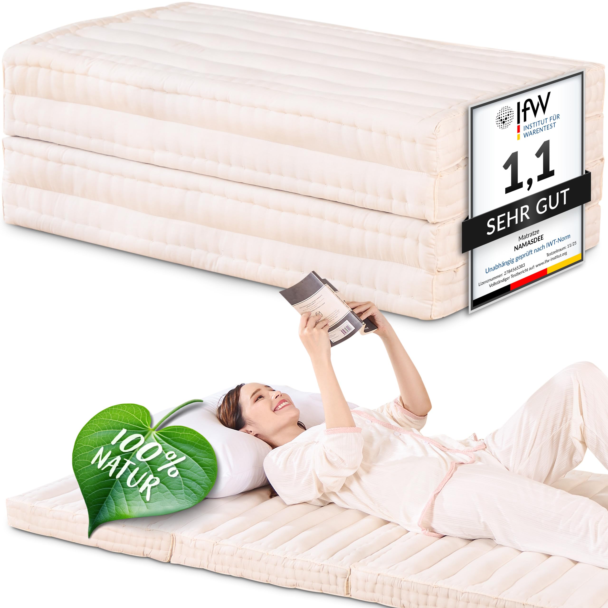 Klappmatratze 200x90x8cm mit 100% natürlicher Kapokfüllung (Weiß Uni)