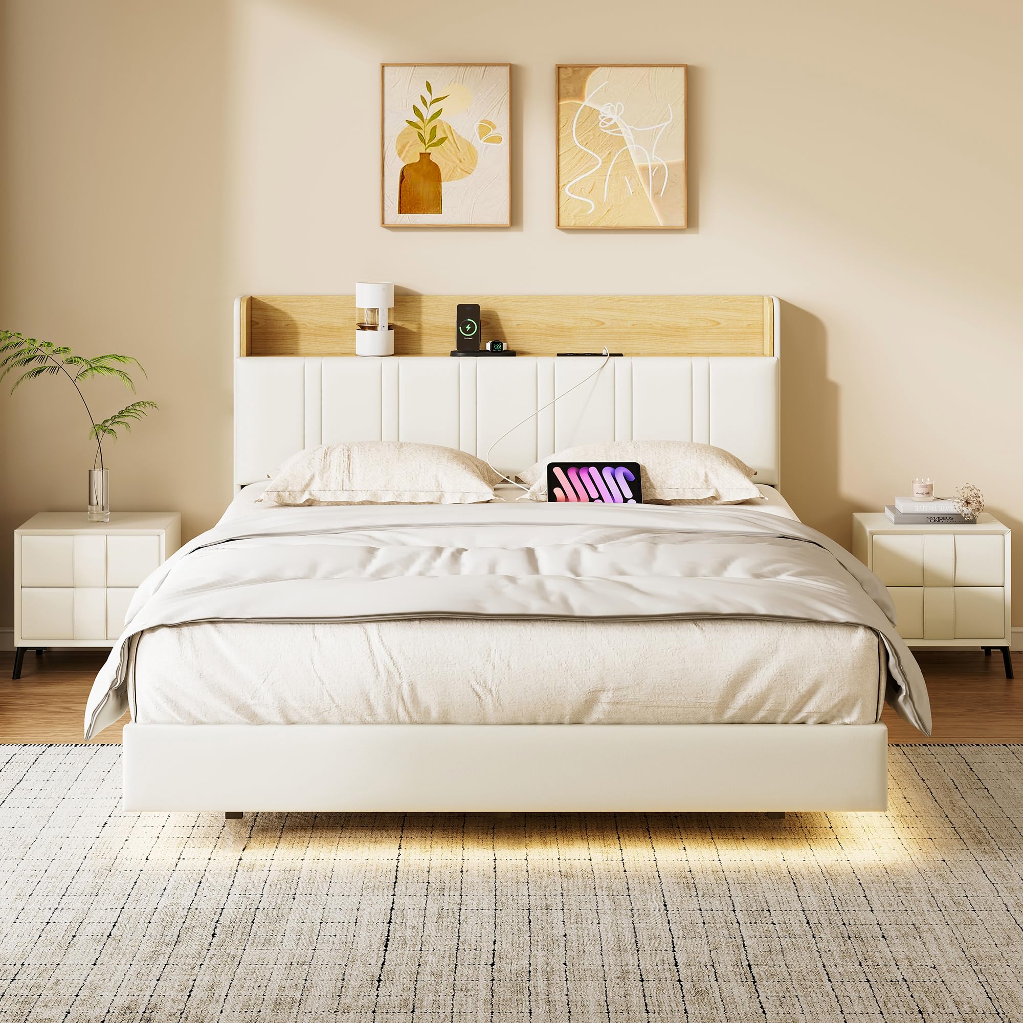 BRILVERDE Polsterbett 160x200 mit LED, Platformbett mit USB, Funktionsbett mit Kopfteil, Schwebebett mit Lattenrost, PU (Weiß Flache Eiche, 160 x 200 cm)