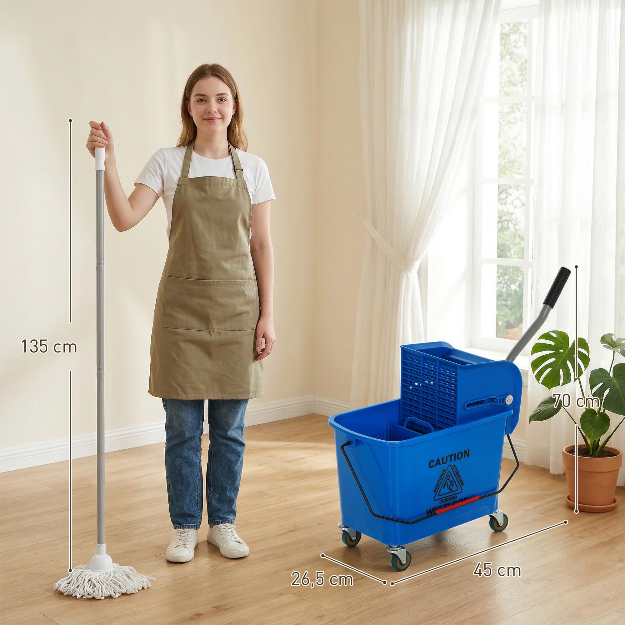 HOMCOM Cubo de Fregona con Ruedas Capacidad de 20 L Cubo de Fregar con Sistema de Escurridor Mopa y Asa de Transporte para Doméstico y Comercial Azul