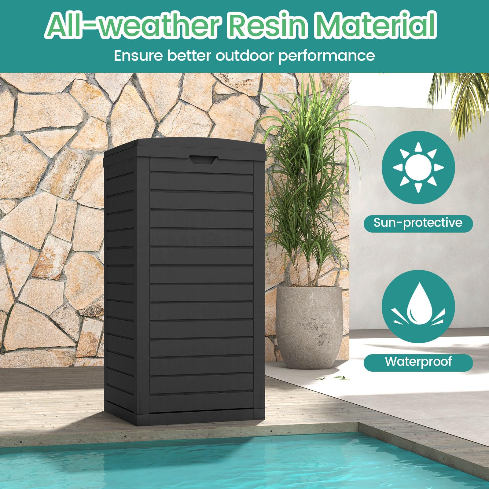 LIFEZEAL Poubelle d'Extérieur 118L, Poubelle de Jardin avec Couvercle, Poubelle Deco Rectangle avec Bac de Récupération, 40 x 40 x 86 cm (1, Noir)