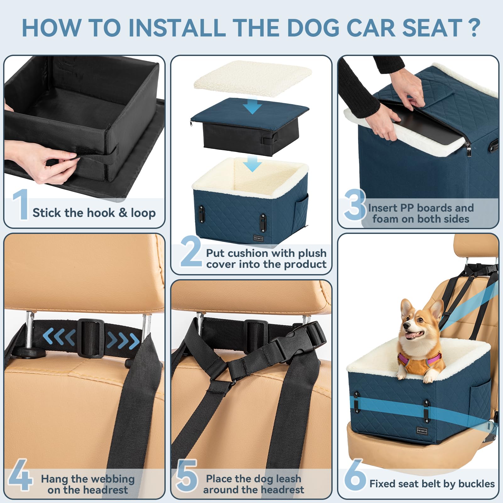 PETS FIT Asiento Perro y Coche Ajustable 12,5cm + Transportín Patente | Funda Lavable, Clip Seguridad | Cama Perro Coche para Mascotas hasta 12kg
