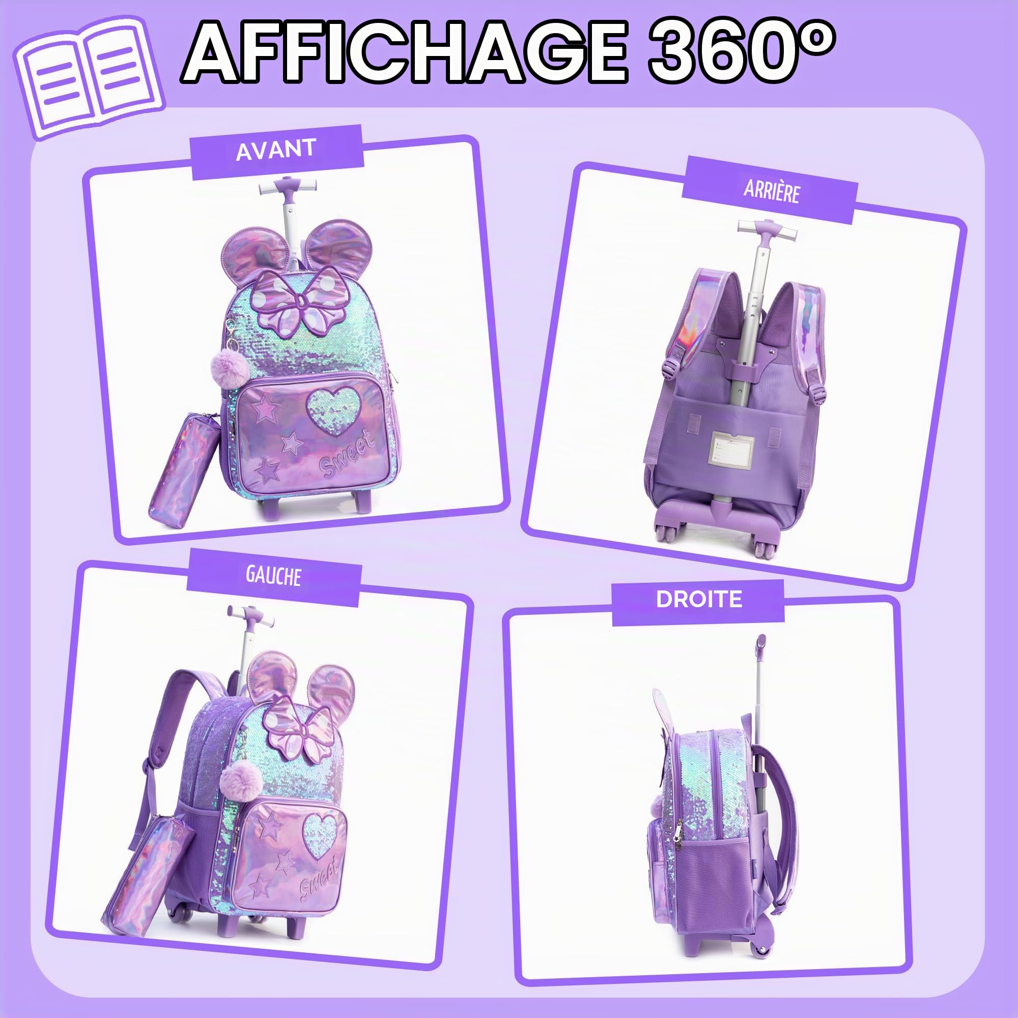 HTgroce Cartable a Roulette Fille, Sac Dos roulettes pour Filles Primaire Scolaire Cartable Roulette Fille CP,CE1,CE2