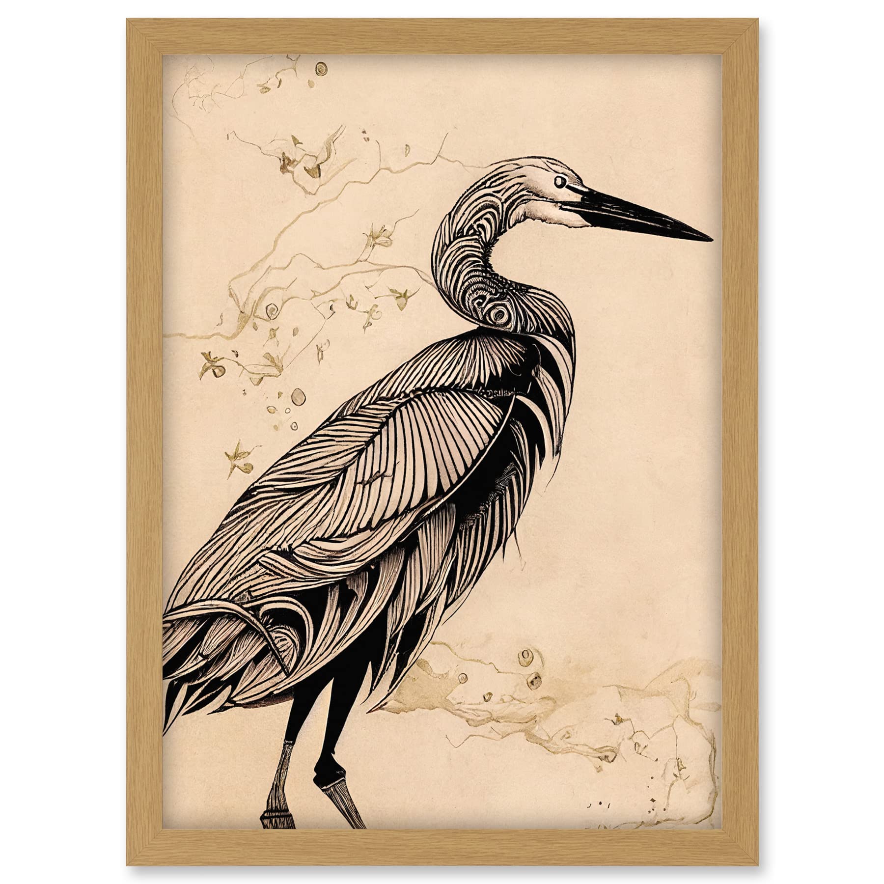 Doppelganger33 LTD Heron Bird Simple Ink Illustration Artwork Framed A3 Wall Art Print