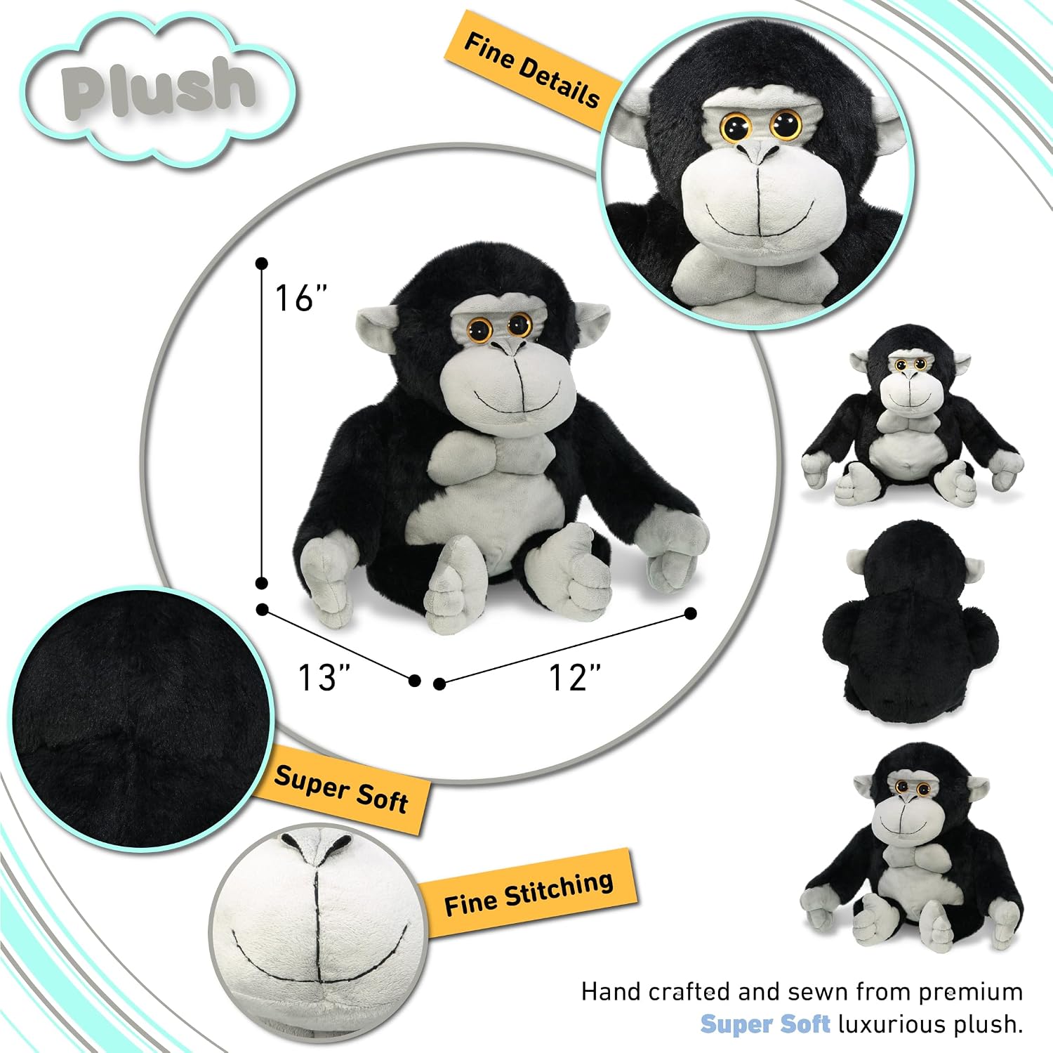 DolliBu Extra Large Gorilla Stuffed Animal - Soft, Huggable Playtime Gorilla Plush Toy, Cute Wildlife Animal Cuddle Gifts, Super Soft Plush Doll Toy for Kids and Adults - 16 Inches