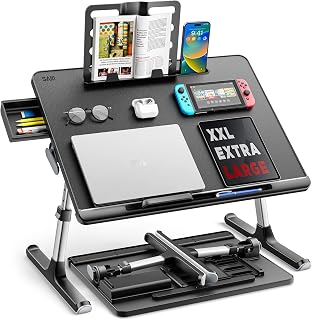 SAIJI X-Large Adjustable Laptop Bed Tray Desk: Foldable with Storage Drawer, Bookstand for Bed, Couch, Gaming, Work (Black)