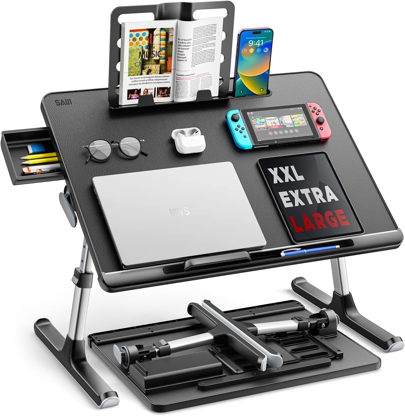Laptop tray, SAIJI 60*45cm Table lap for bed, Multi-purpose Premium Lapdesk, Height Angle adjustable, with Book Stand, Drawer, Tablet slot, for Eating, Working, Writing, Gaming, Drawing (Dark Black)