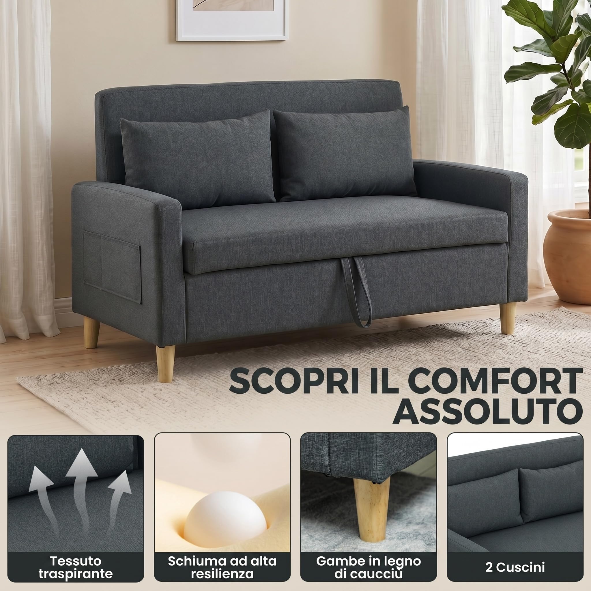 HOMCOM Divano 2 Posti Imbottito Effetto Lino Traspirante, 2 Cuscini Grigio