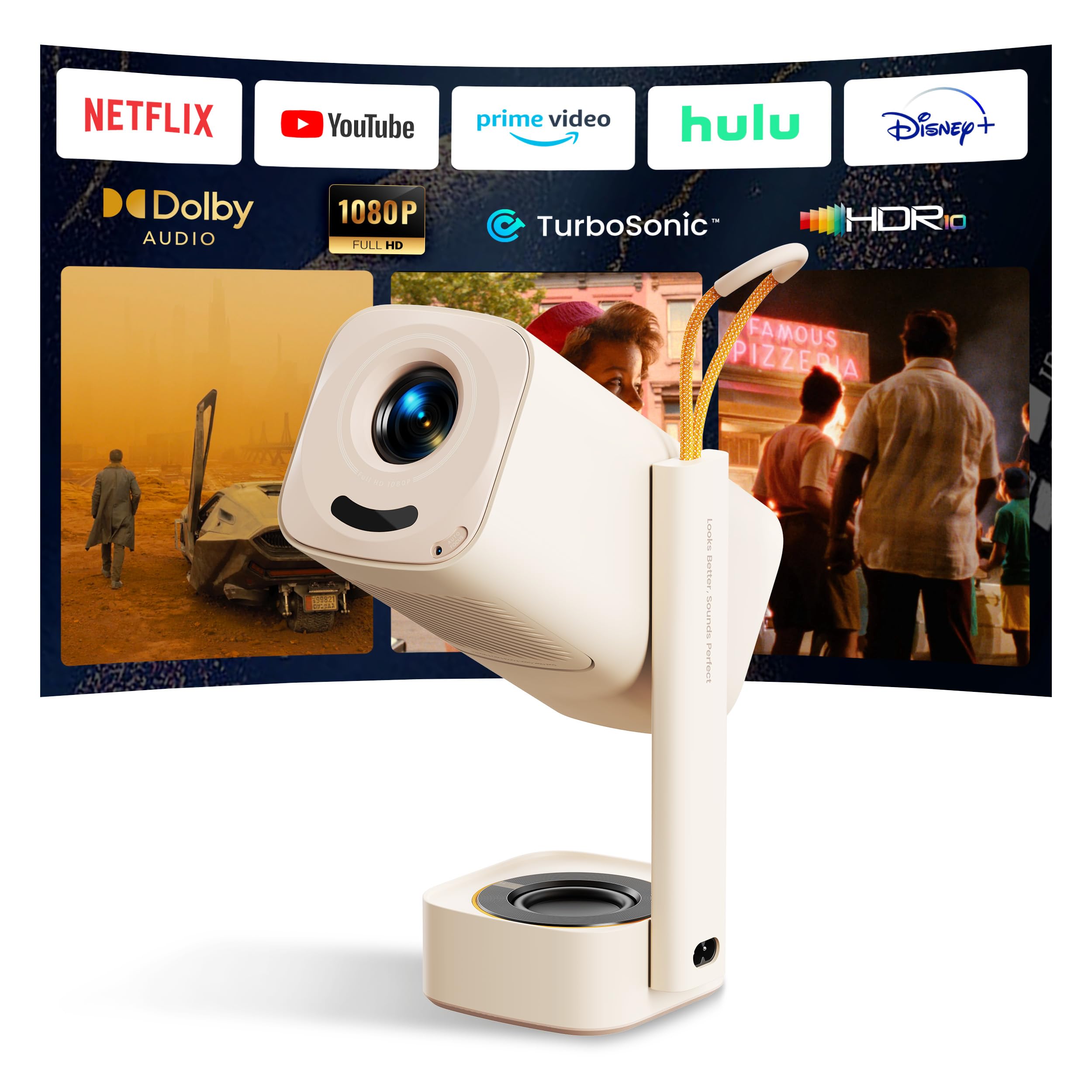 Vidéoprojecteur Portable YABER T1 Pro2 1080P FHD et HDR, Vidéoprojecteur WiFi Bluetooth avec Dolby Audio, Ajustement Automatique, Applications Intégrées, Home Cinéma pour USB/HDMI