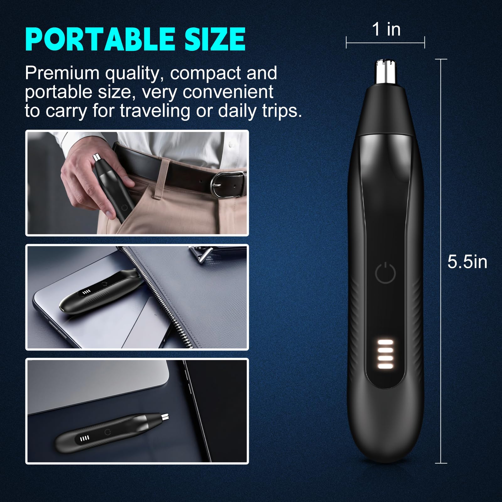 OMAMORI Nose Hair Trimmer for Men - 16000RPM Motor, LED Power Display, Portable Electric Ear & Eyebrow Grooming Kit, Nose Hair Cutter & Remover, Face & Body Clipper, Gift for Men, Black - 4