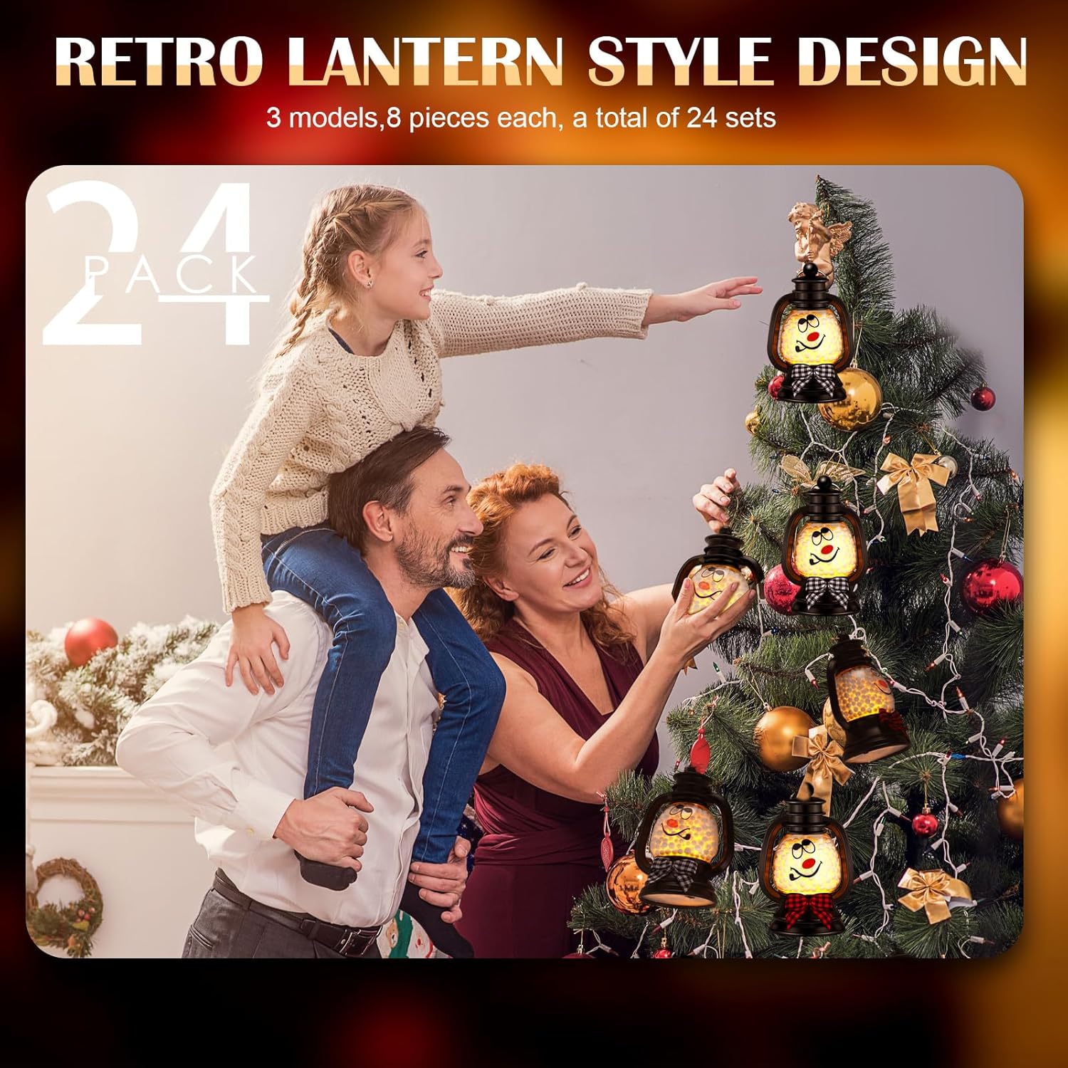 ROCEEI 24 Pcs Christmas Mini Snowman Lanterns Decorative with Flickering LED Candles Buffalo Plaid Bow Small Winter Portable Tabletop Centerpiece for Xmas Tree Indoor Outdoor Party Decor (Black)