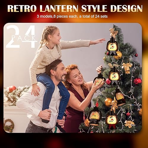 Vista 25 de ROCEEI 12 mini linternas de muñeco de nieve de Navidad decorativas con velas LED parpadeantes, lazo a cuadros, pequeño centro de mesa portátil