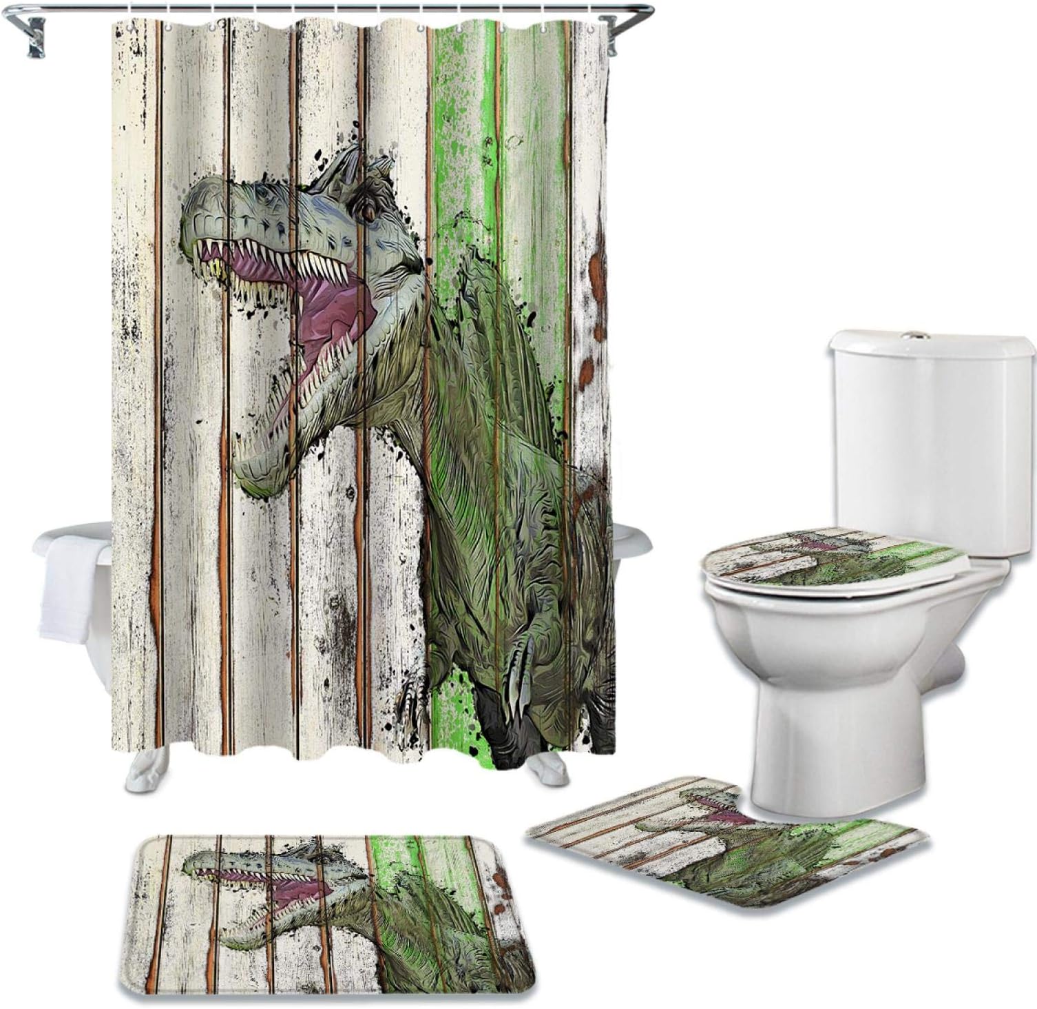 BANLVWood Grain Dinosaur Growled Shower Curtain Sets Non-Slip Rugs Toilet Lid Cover and Bath Mat Waterproof Bathroom Curtains