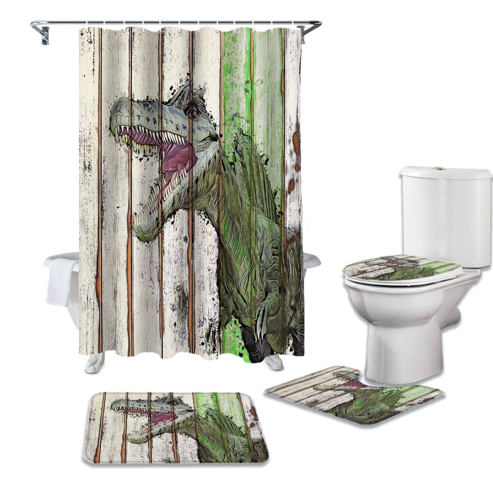 BANLVWood Grain Dinosaur Growled Shower Curtain Sets Non-Slip Rugs Toilet Lid Cover and Bath Mat Waterproof Bathroom Curtains