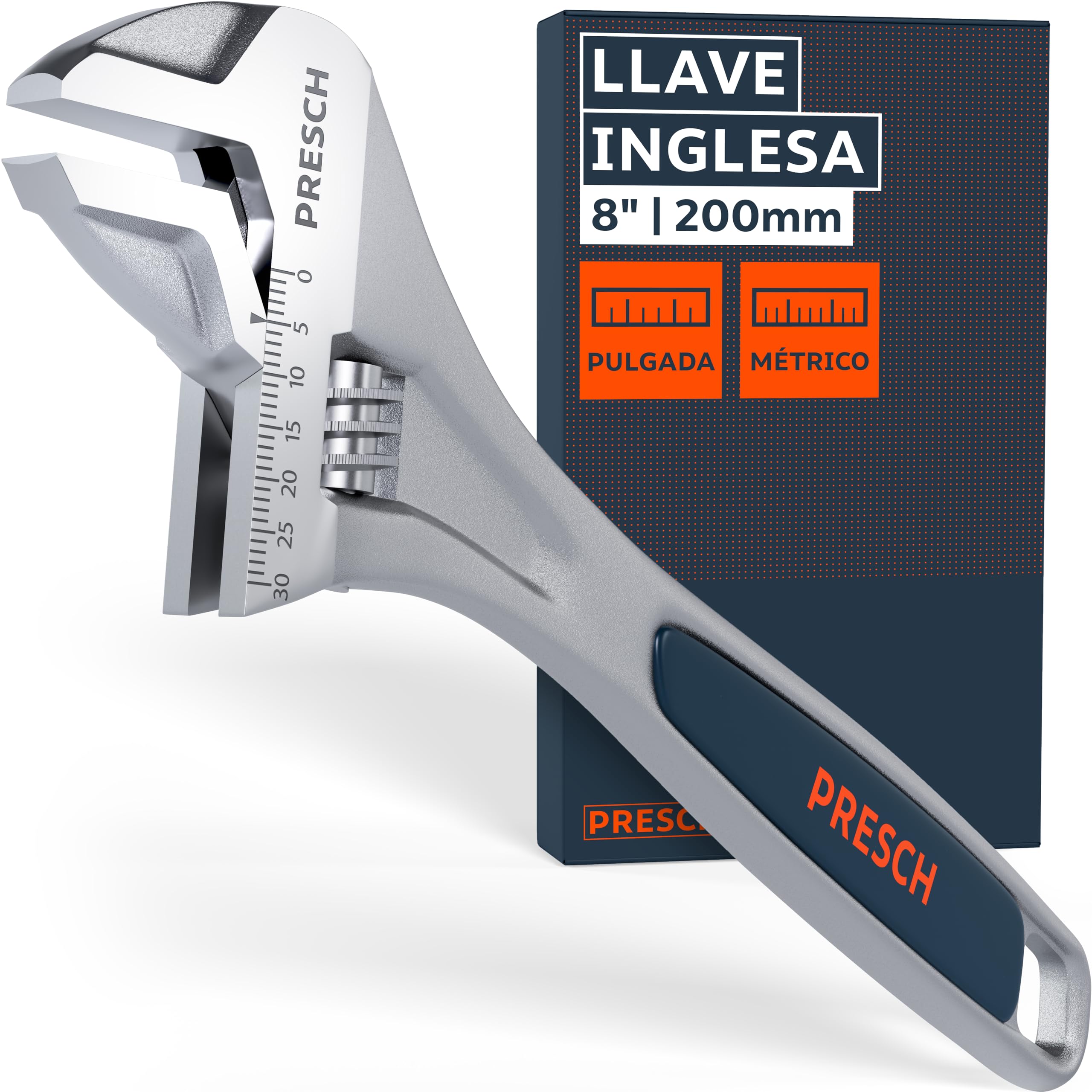 PRESCH Llave ajustable 200mm - Escala grabada con láser de 30 mm (métrica y pulgadas) - Fresado de precisión para un agarre óptimo - Llave inglesa robusta - Herramienta de alta gama