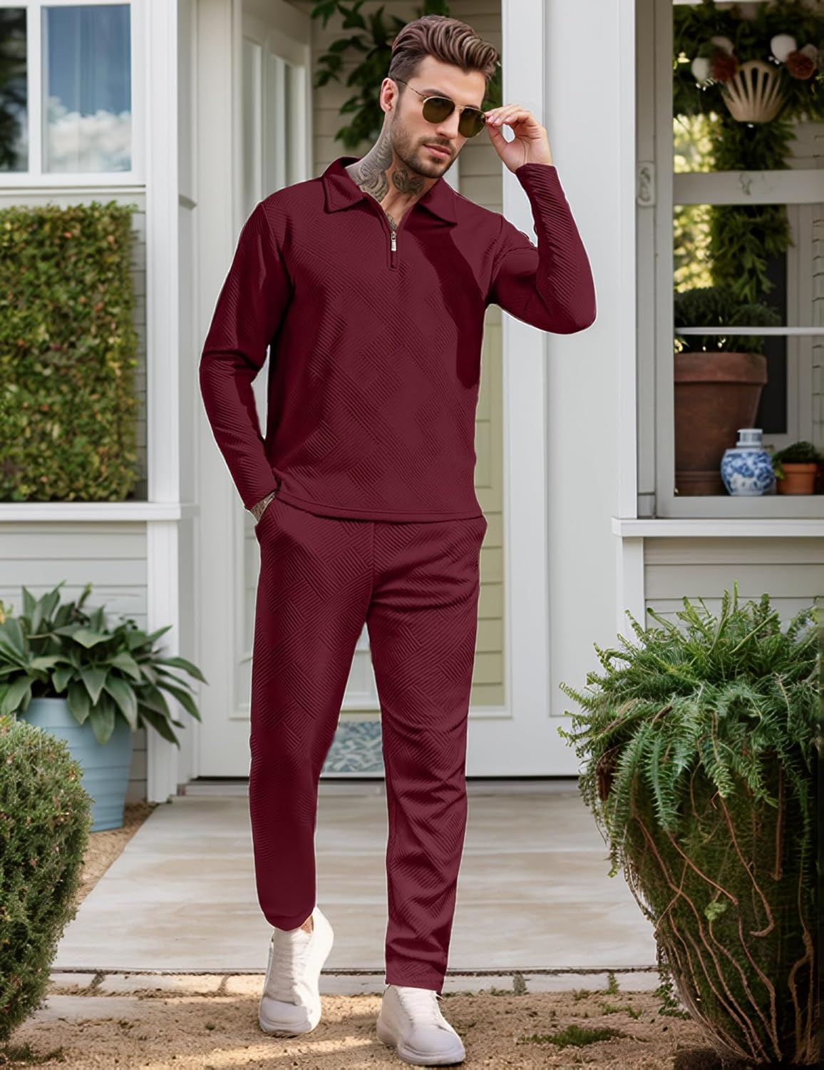 UOUA Mens 2 Piece Set Casual Outfits Polo Long Sleeve Shirt & Pants Tracksuit Loungewear Athletic Jogger Sweatsuit - Image 4