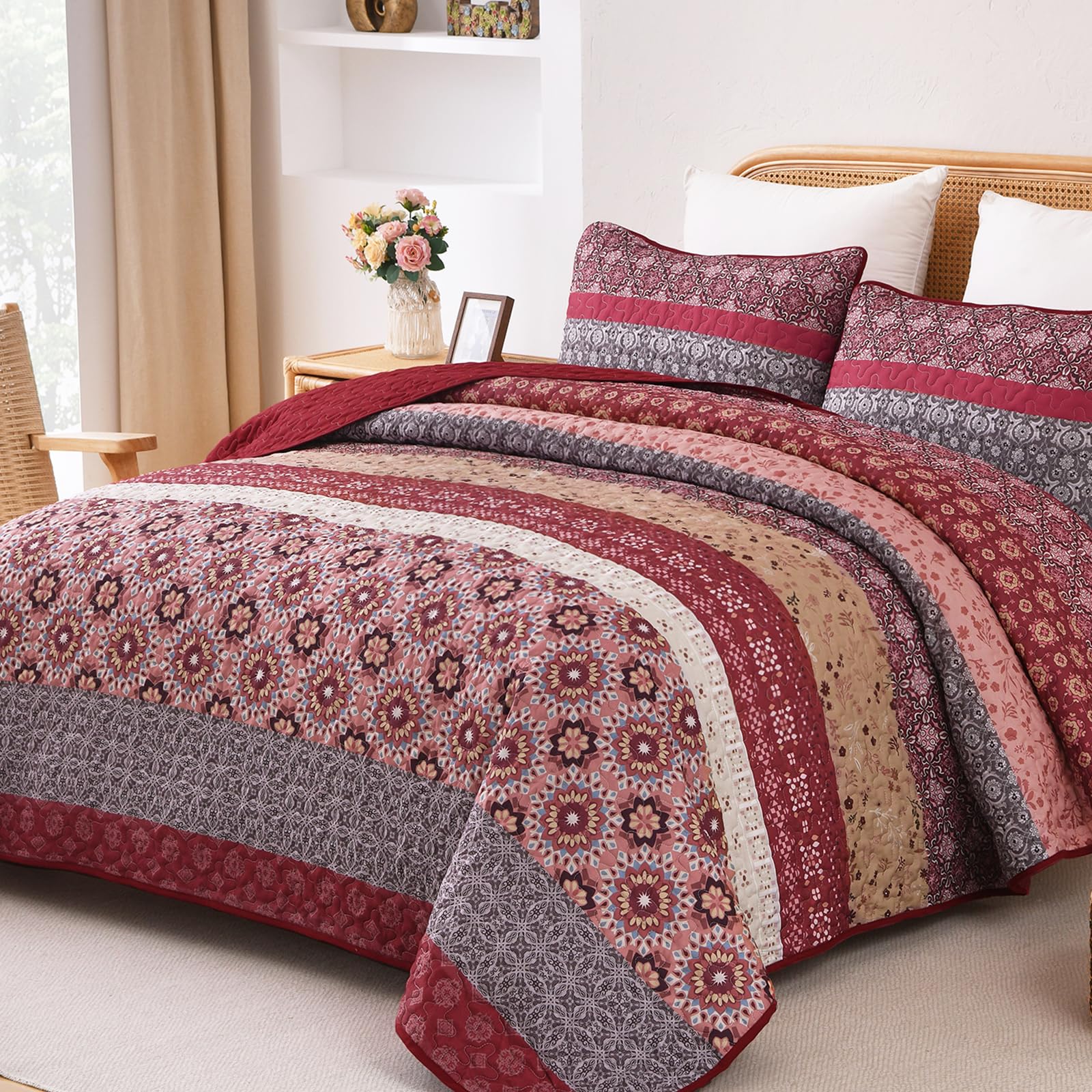 WONGS BEDDING Boho-Steppdecken-Set für Queen-Size-Betten, gestreift, Patchwork-Tagesdecken-Set mit 2 Kissenbezügen, leichte Mikrofaser, Blumenmuster, 244 x 228 cm