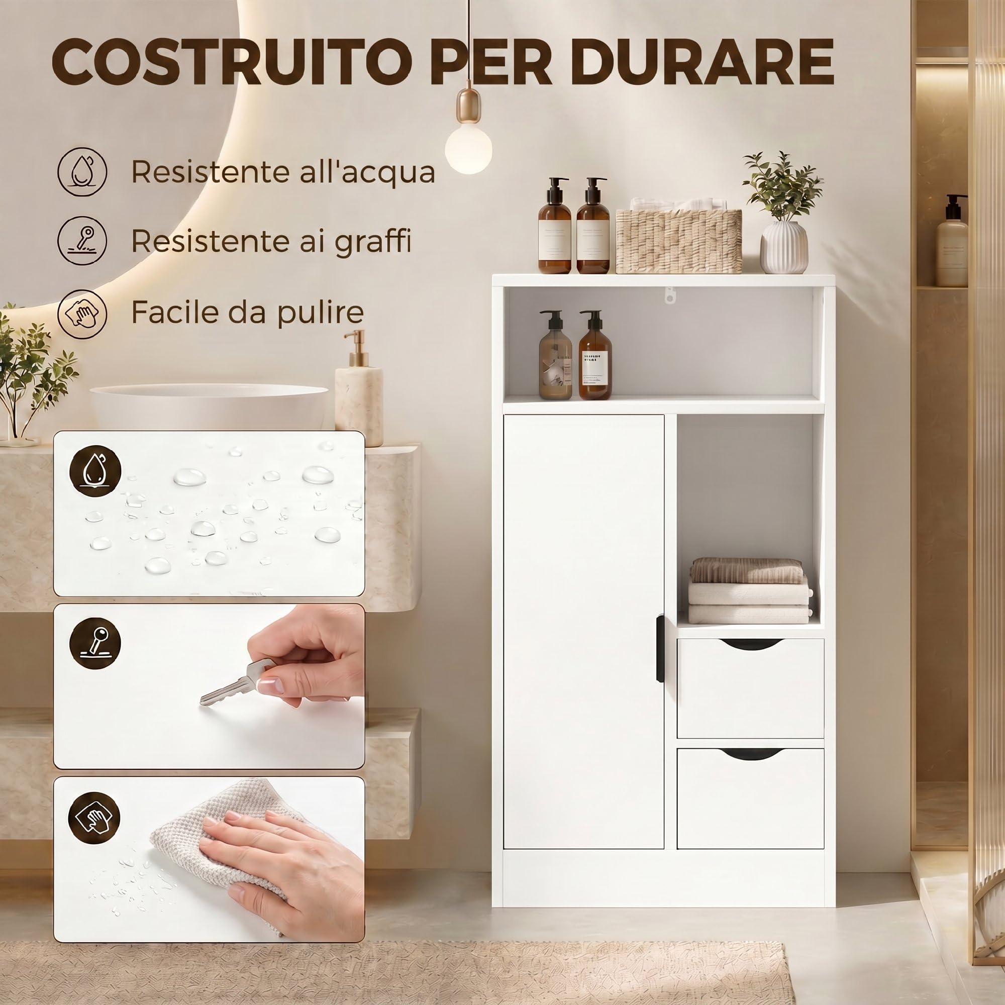 HOMCOM Mobiletto Bagno Salvaspazio Slim 50x25x100 cm Bianco | Mobile Bagno con 2 Cassetti, Ripiani Regolabili a 3 Livelli e Armadietto, Stile Nordico