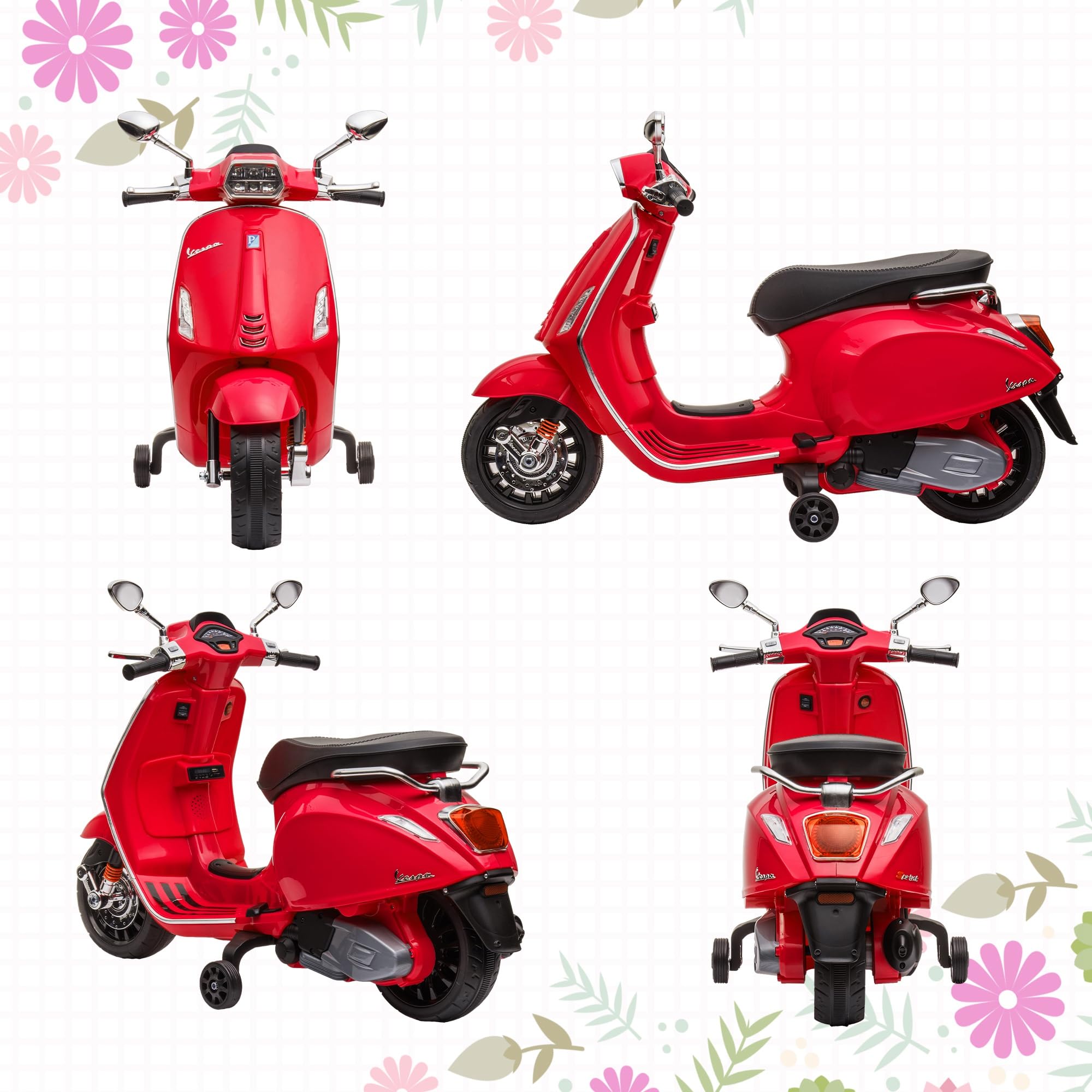 AIYAPLAY Elektro Kindermotorrad, Vespa 6V Elektromotorrad mit MP3, USB, FM-Radio, LED-Scheinwerfer, Kinderfahrzeug mit 2 Stützrädern, Elektro Motorrad für 3-6 Jahre Kinder, Rot