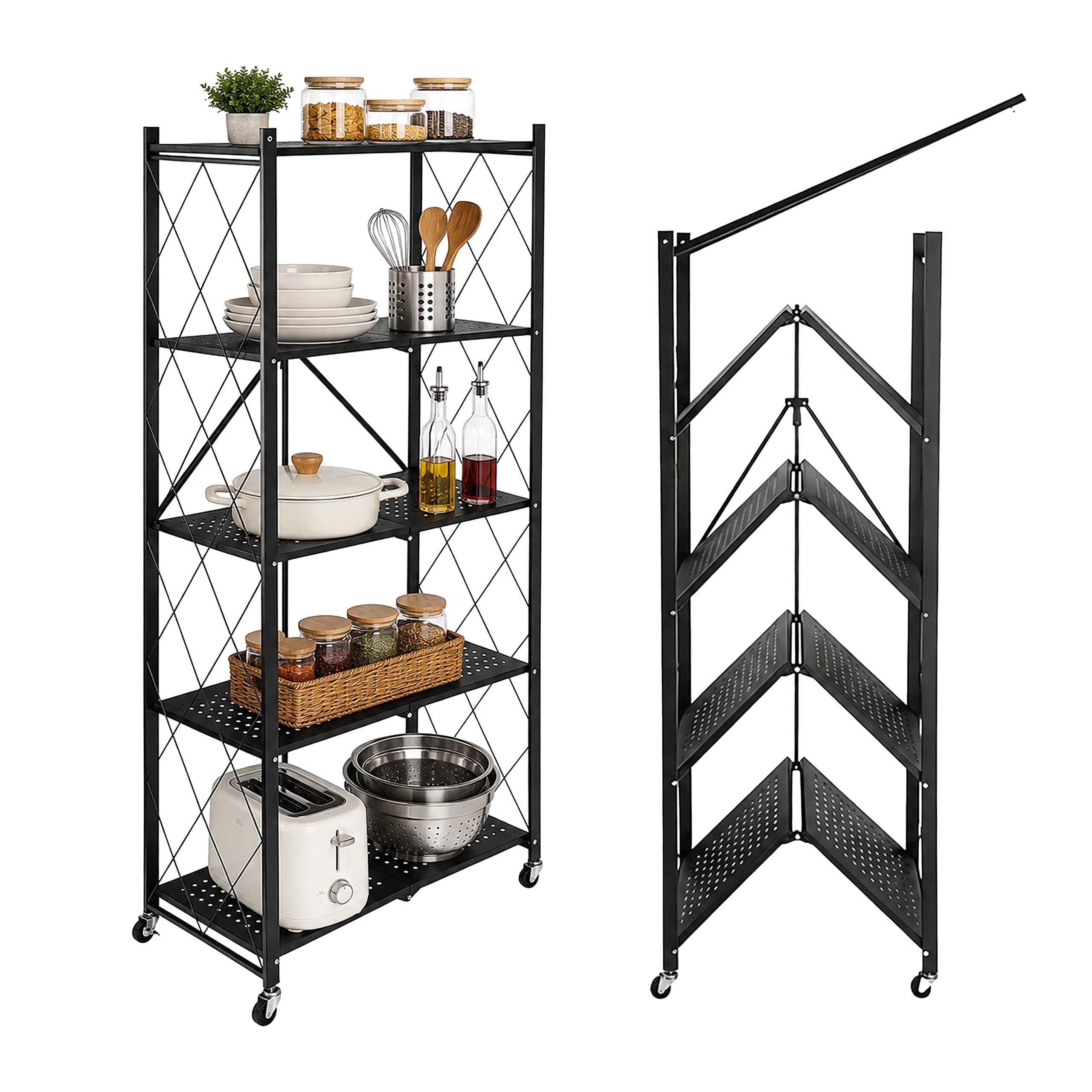 Relaxdays Klappregal, 5 Ebenen, bis 125 kg, HBT: 159 x 71 x 34 cm, schwarz | Rollregal mit Bremsen, Stahl, ohne Montage, Küche, Keller, Camping, Aufbewahrungsregal