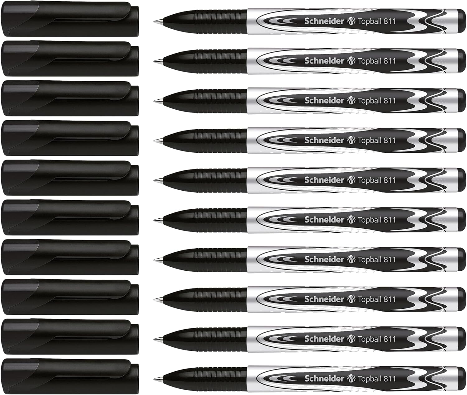 Schneider Topball 811 Rollerball Pen, 0.5 mm Conical Tip, Refillable, Black Ink, Box of 10 Pens (8111)