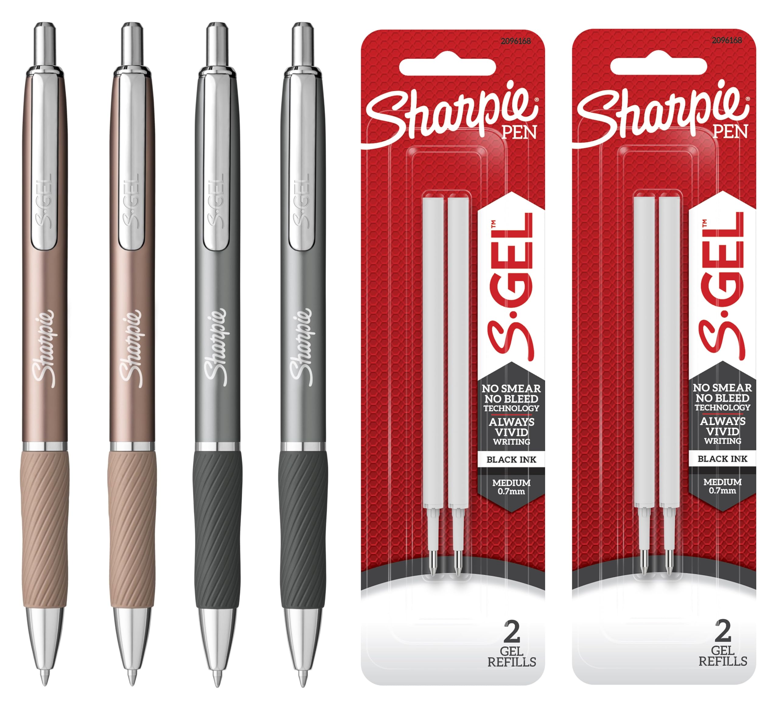 Sharpie S-Gel Pens | Medium Point 0.7mm | Black Ink | Metal Barrel Retractable Gel Pens | Steel Grey & Rose Gold | 4 Pens & 4 Refills