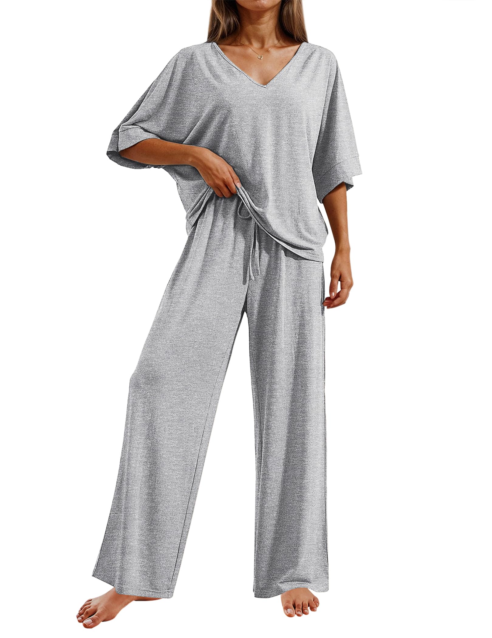 Ekouaer Pajama Sets for Women 2 Piece Lounge Set Short Sleeve Tops and Long Pants Soft Comfy Pjs