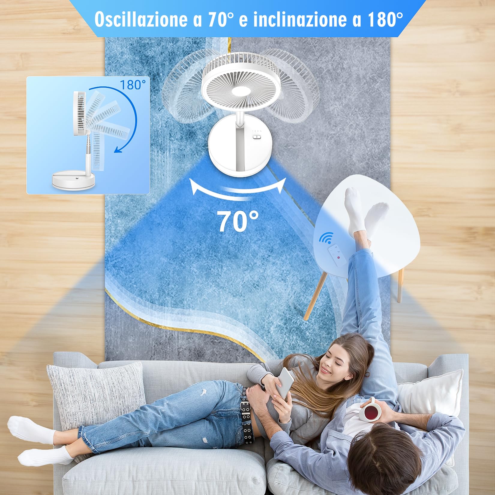 Oscillante Ventilatore a Piantana Silenzioso con Telecomando, 8.6" Portatile Pieghevole Tavolo/In piedi Ventilatore con 4 Velocità/Timer, 8000mAh USB Ricaricabile Fan per Camera da Letto Viaggio