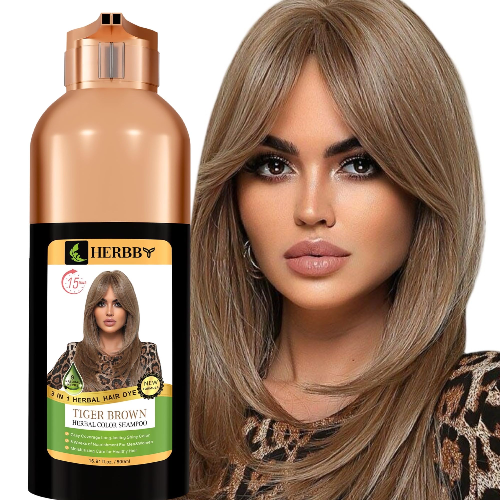 HERBBY Hair Color Shampoo for Gray Hair Coverage&Color Transform with 9 Herbal Extracts –Long Lasting(6-8 Weeks),Shiny,Evenly Colored,Instant Hair Dye Shampoo&Conditioner, 500 Ml (TIGER BROWN COLOR)