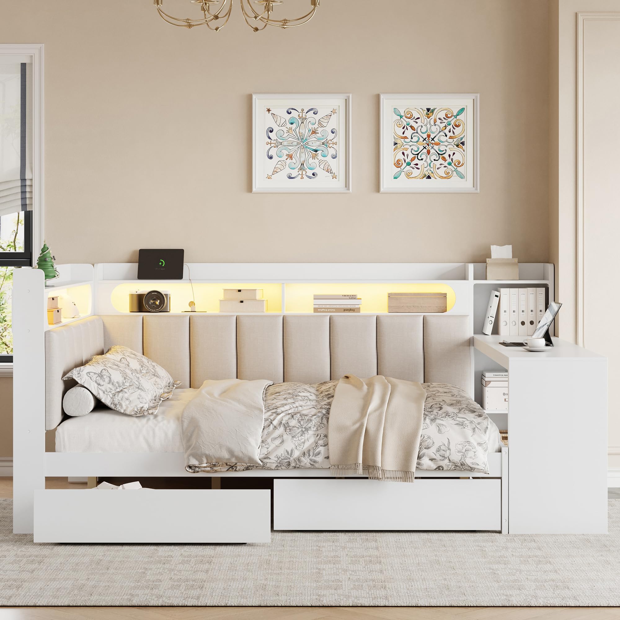 MERITLINE Full L-Shaped Daybed with Bookcase and Drawers, Wood Corner Bed with LED Light and Desk, Upholstered Daybed with Charging Station and Backrest, Space Saving, White