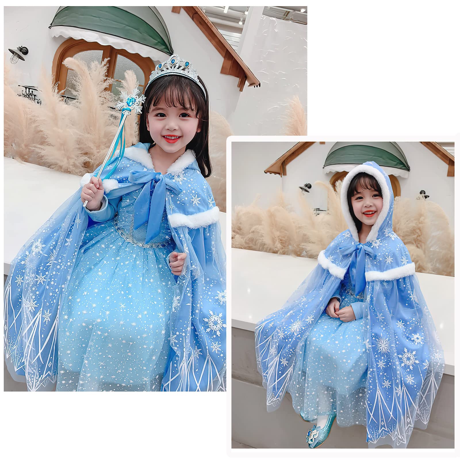 XEPST Mantello Principessa Bambina, Costume Principessa con Cappuccio Mantello Blu Della Principessa Accessorio Scialle Cape Ragazze da Costume Halloween Carnevale Cosplay Festa Compleanno Regalo