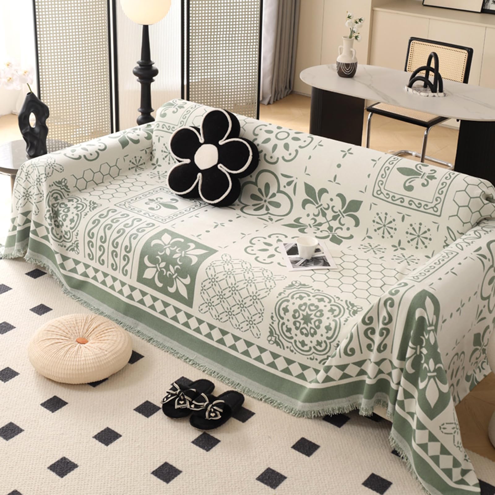 Telo Salva Divano Bohémien Copridivano Angolare con Penisola 1 2 3 4 Posti Morbida Coperta per Divano in Ciniglia Fodere Divano Multiuso per Gatto Ribelle Scialle Pisolino(180X280cm,Green)