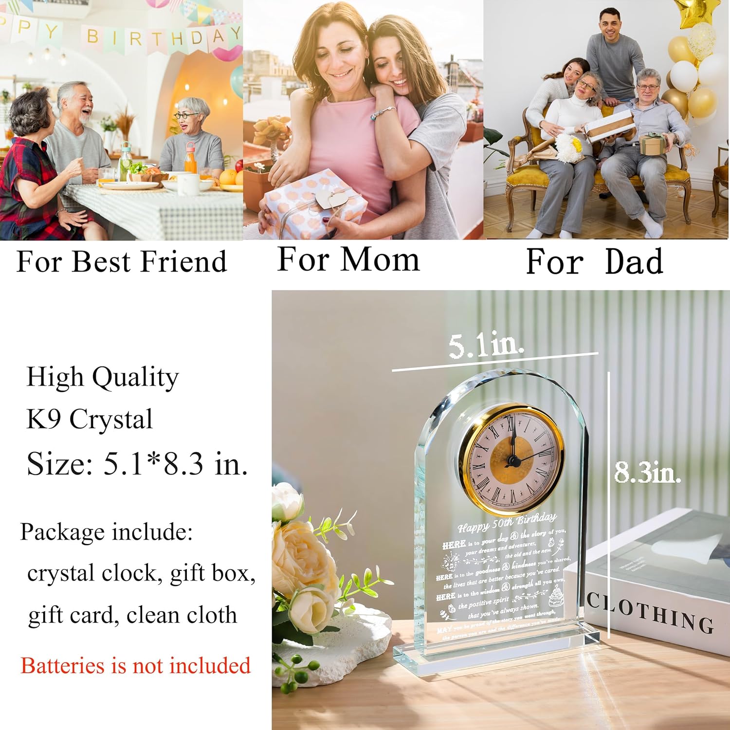 Movdyka 50th Birthday Gifts for Women Men - Crystal Clock Gifts Personalized 1976 50 Year Old Birthday Present for Her Him - Happy 50th Birthday Gifts Ideas for Mom Dad Unique - Image 3