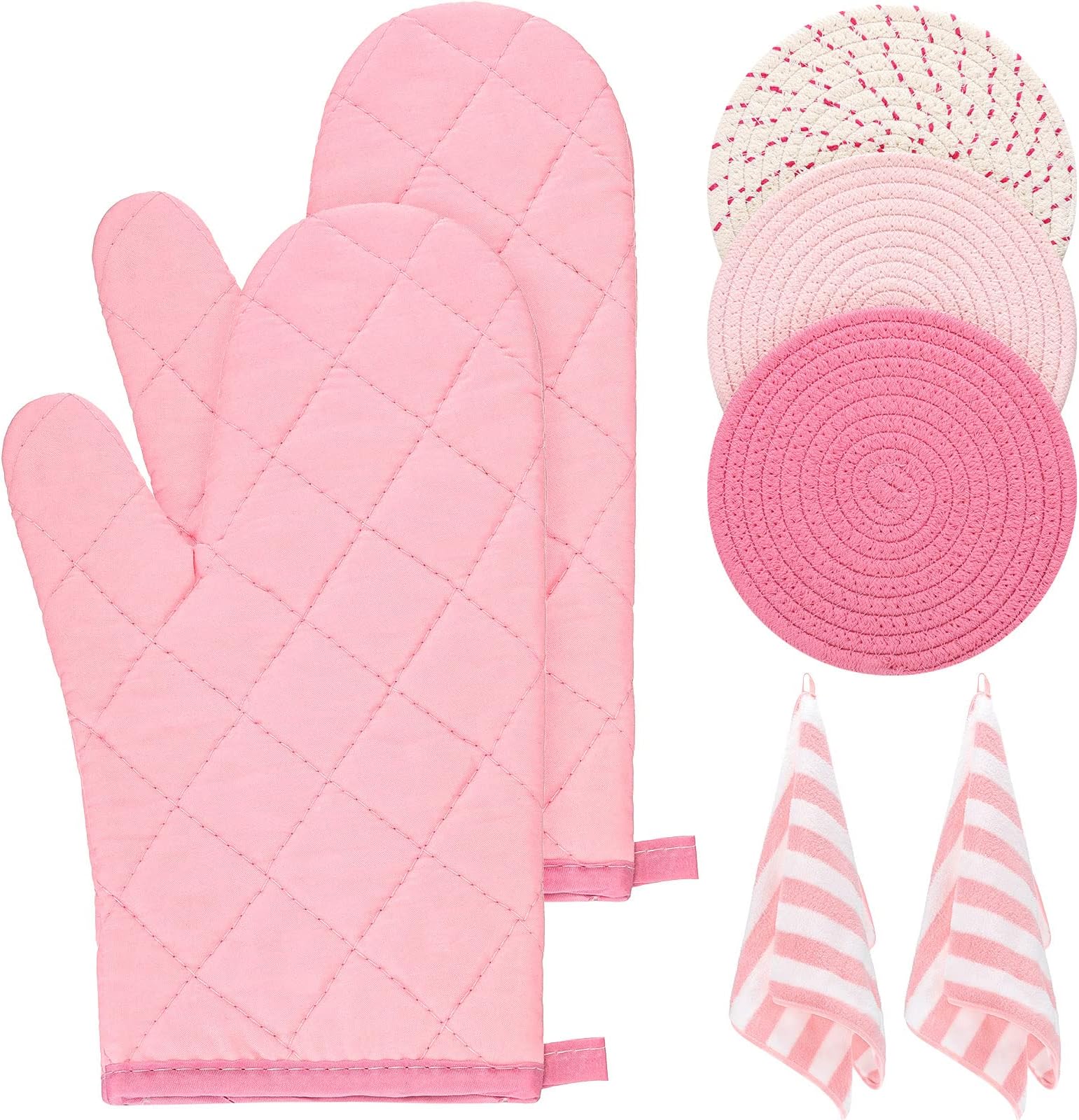 Oven Mitts and Pot Holders with Kitchen Towels Set of 7, Valentine Gift for Women Heat Resistant Oven Gloves Hot Pads Kitchen Hand Towels for Cooking Baking(Pink)