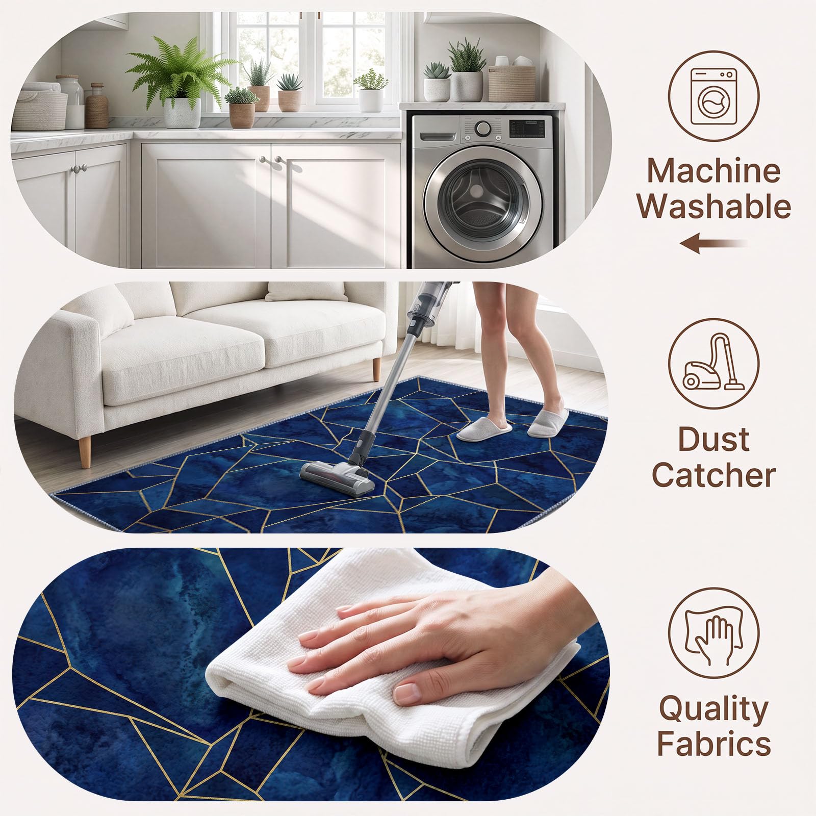 Style Marbre Tapis Salon 80x150cm, Lavable en Machine Antidérapant Grand Lignes Dorées Polygone Géométrique Bleu, Tapis Doux à Poil Ras pour Bureau, Chambre, Salle à Manger