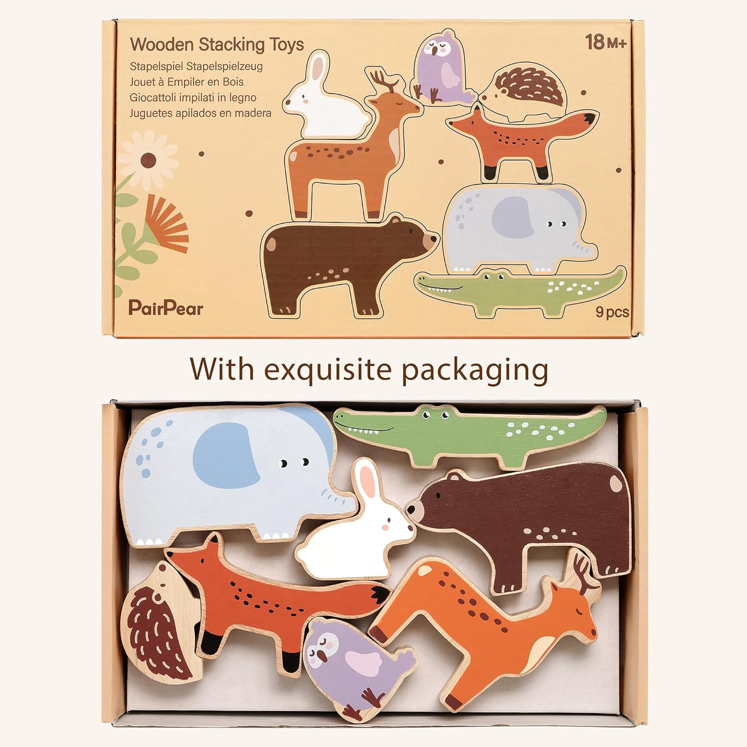 PairPear Large Wooden Animal Stacking Blocks for Toddlers, Montessori Toys Building Stacking Toys & Bag, Educational Balancing Activity Toy for Kids Toys Age 18 Months+