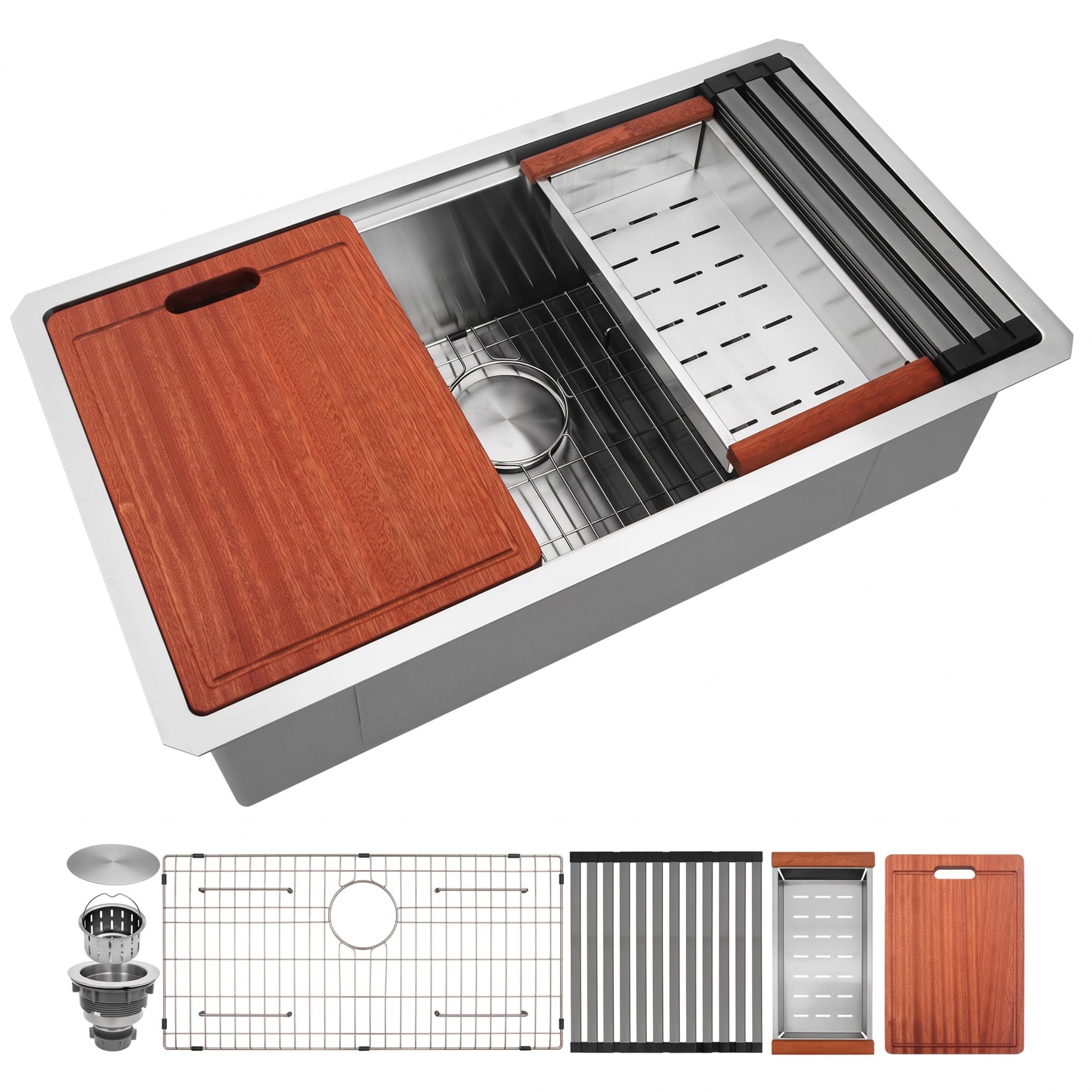 LQS 32 Inch Stainless Steel Undermount Kitchen Sink, 304 Stainless Steel Single Bowl Workstation Sink, Kitchen Sinks with Sapele Wood Cutting Board and Accessories, 32" x 18"