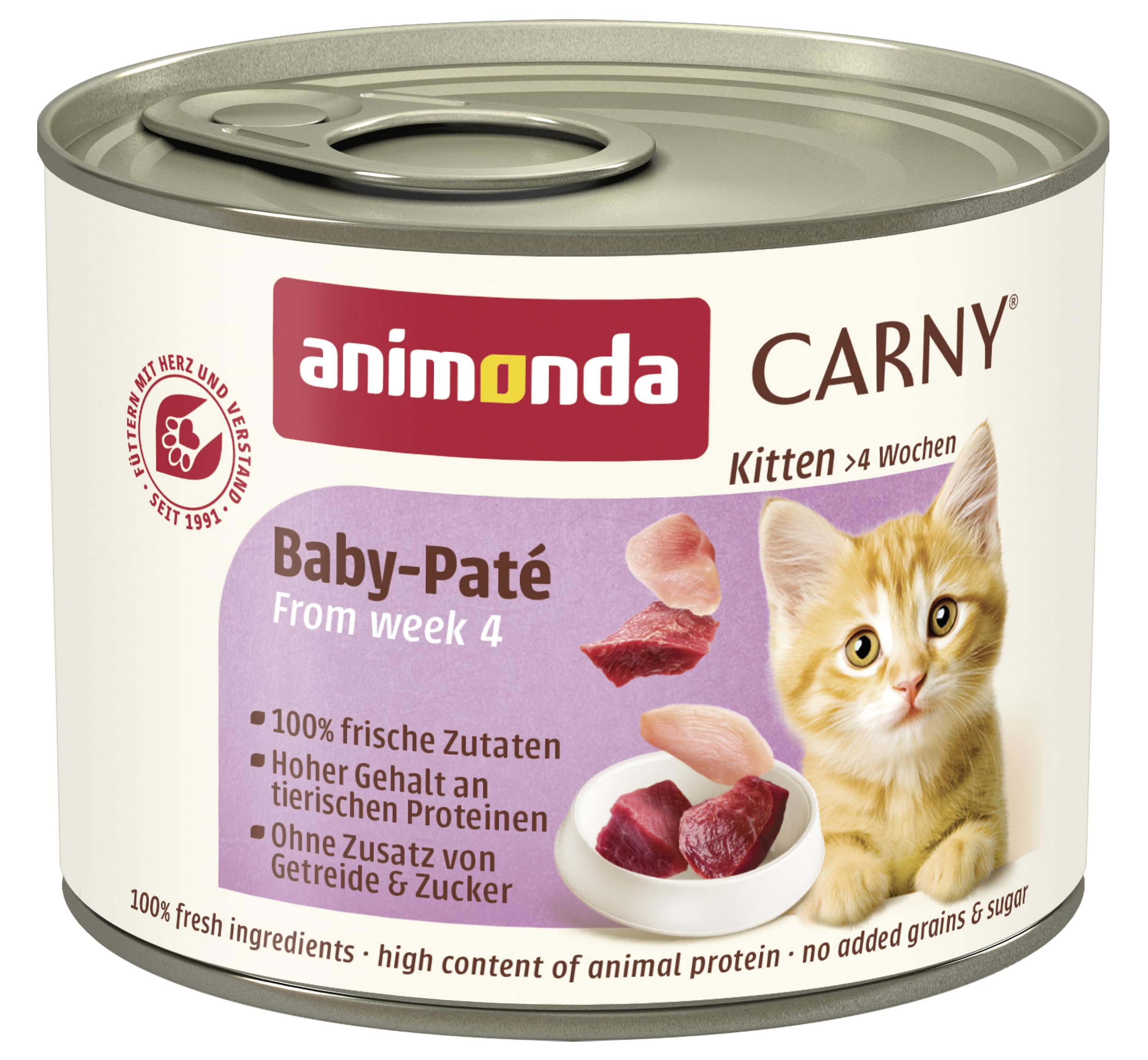 animonda Carny Katzen Nassfutter Kitten Baby-Paté (12 x 200g), Kitten getreidefreies Katzennassfutter ohne Zucker für wachsende Kätzchen bis 1 Jahr, mit frischen Zutaten